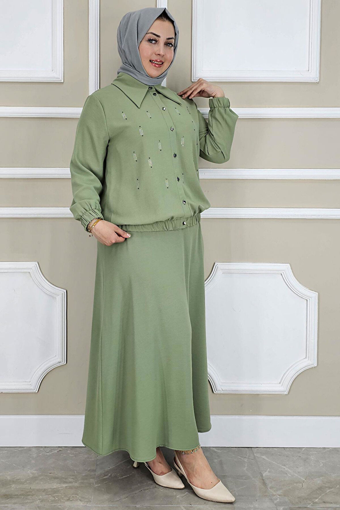 KADIN TAŞ DETAYLI GÖMLEK ETEK TESETTÜR TAKIM