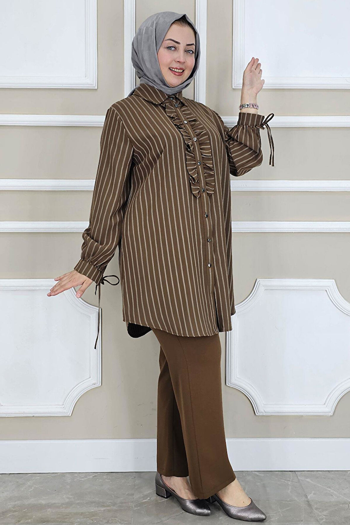 KADIN ÇİGİLİ FIRFIRLI GÖMLEK PANTOLON TESETTÜR TAKIM