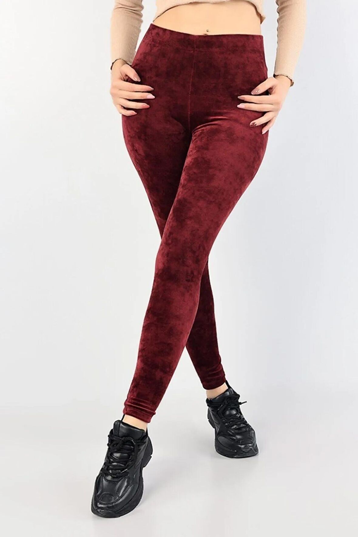 Modabizimle Kadın Bordo Yüksek Bel Kadife Tayt