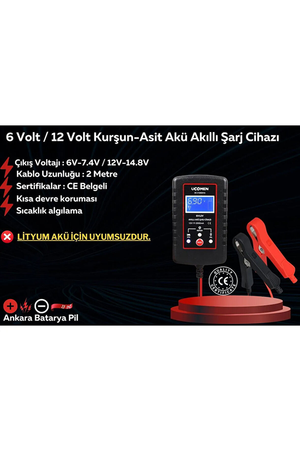 6 Volt 12 Amper Akü ve Ucomen 6/12 Volt 2 Amper Şarj Aleti