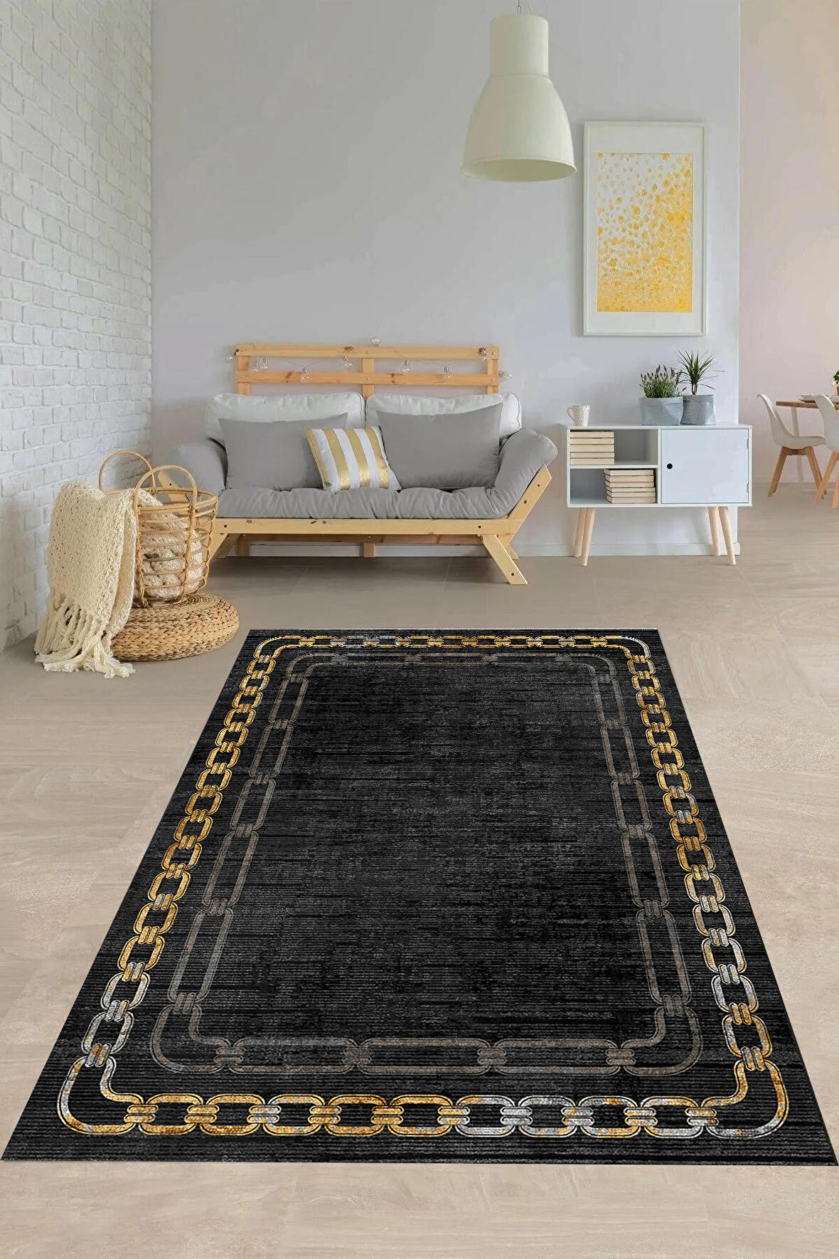 Siyah Pvc Deri Kaymaz Taban Zincir Salon Saçaksız Halı 591-02