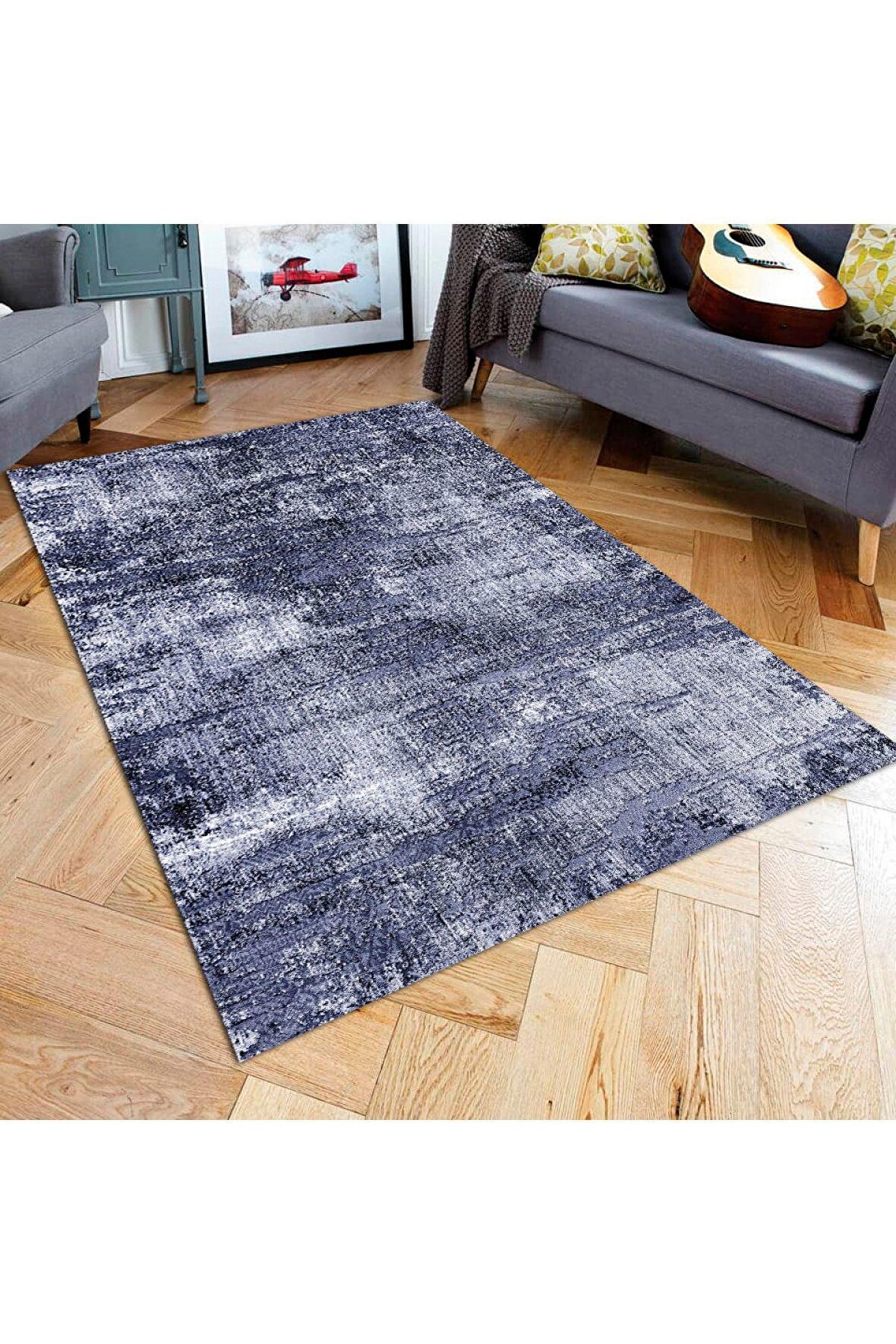 Lacivert Pvc Deri Kaymaz Taban Modern Salon Saçaksız Halı A31