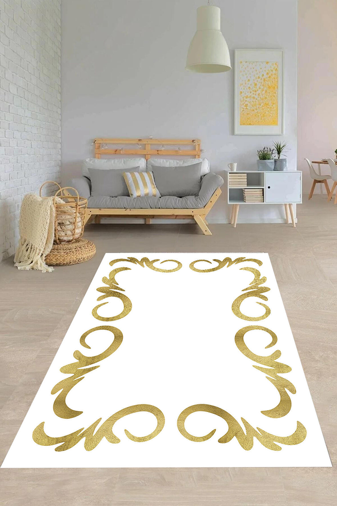 Beyaz-Gold Pvc Deri Kaymaz Taban Modern Salon Saçaksız Halı B-1065