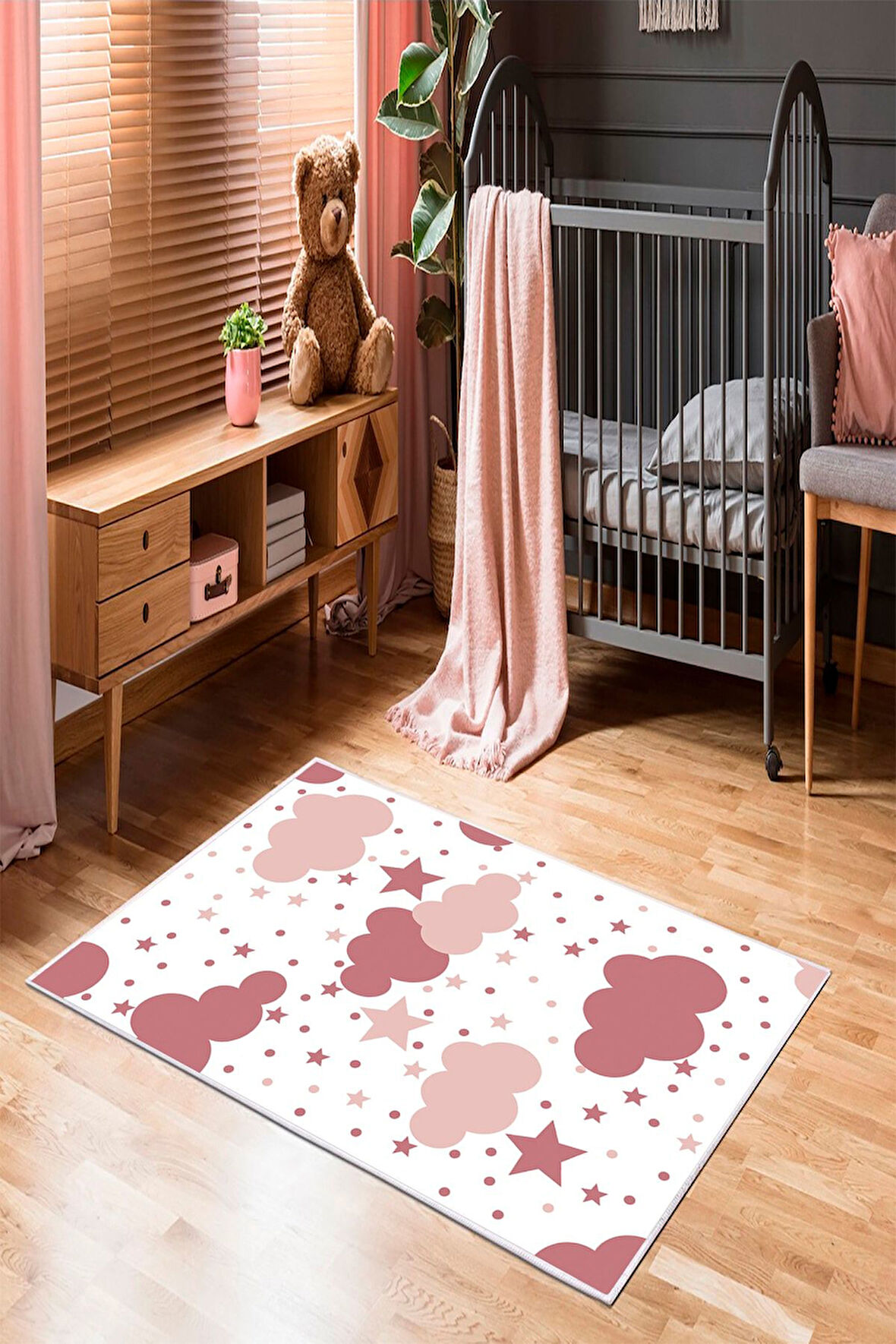 Beyaz-Pembe Pvc Deri Kaymaz Taban Bulut-Yıldız Çocuk Saçaksız Halı H7071