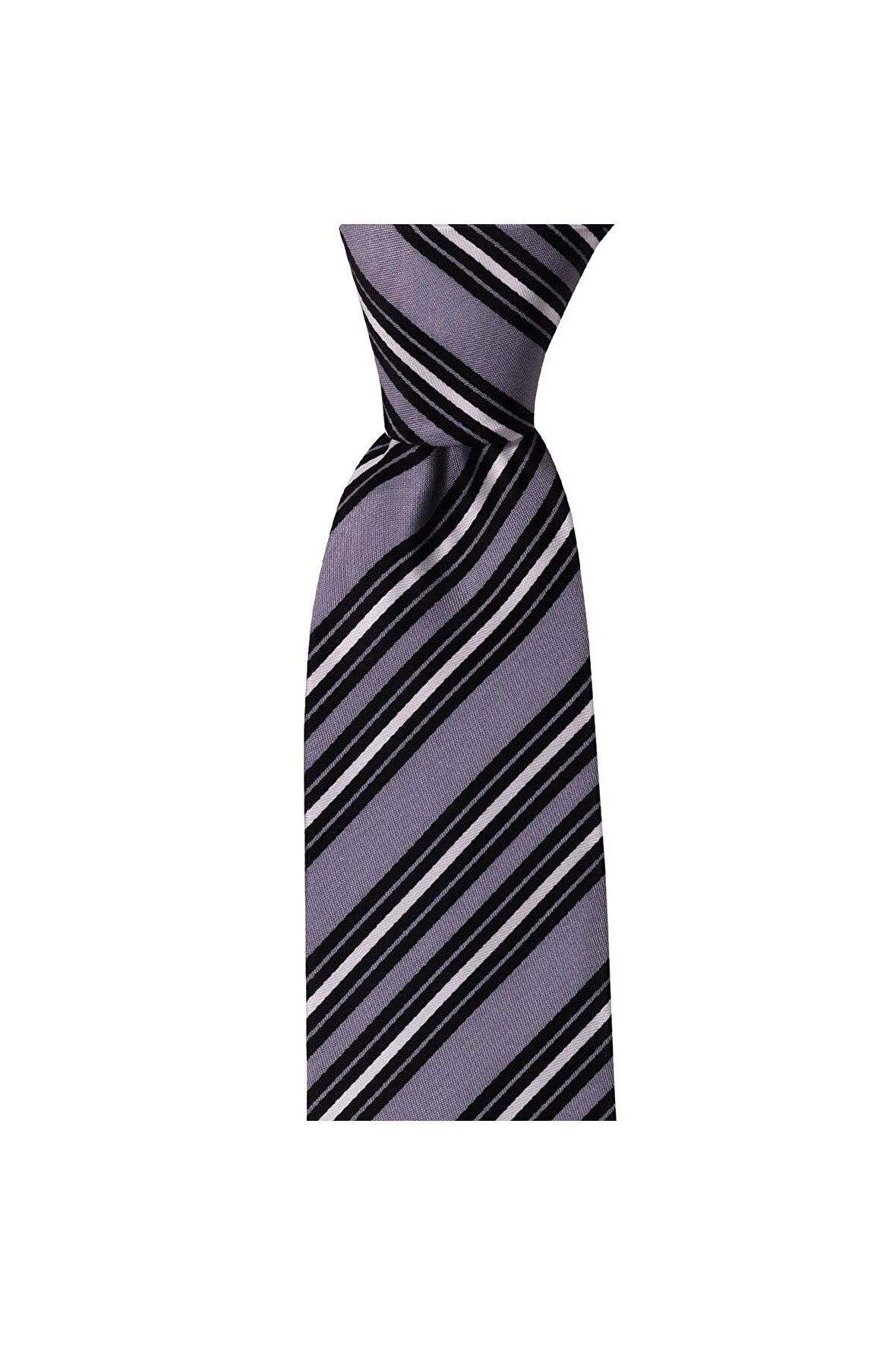 Gri çizgili 8 cm genişliğinde mendilli kravat