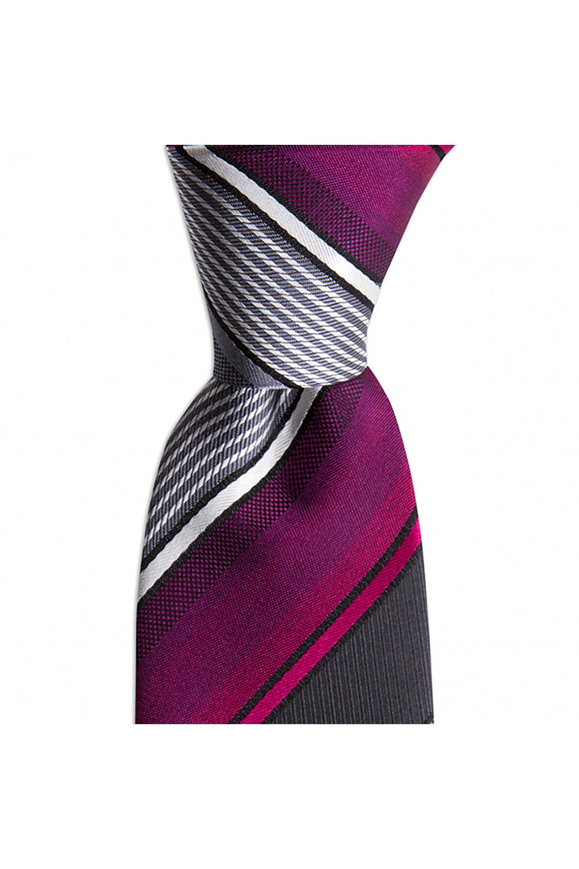 Fuşya çizgili 7,5 cm genişliğinde ipek kravat
