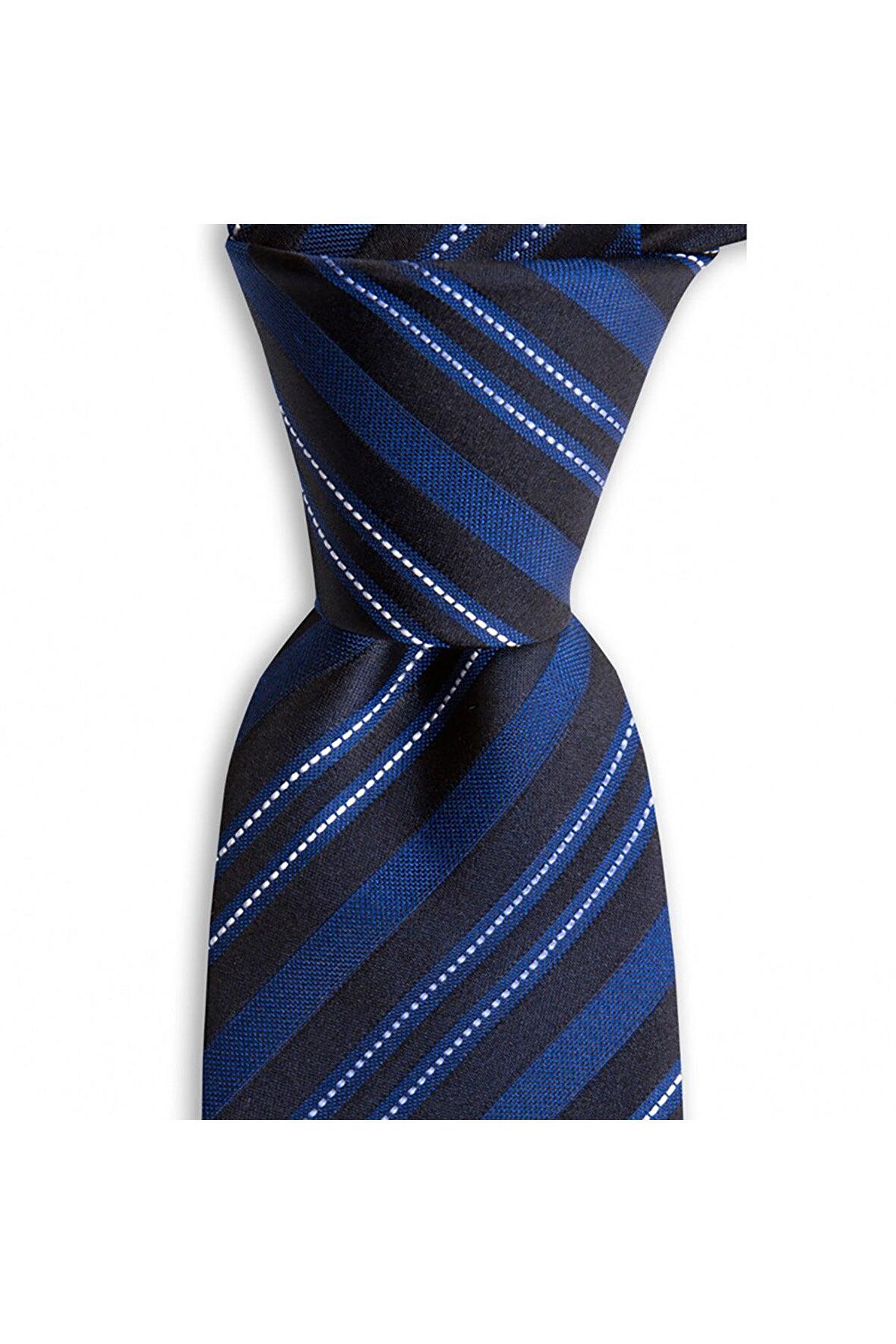 Gece mavisi çizgili 7,5 cm genişliğinde ipek kravat
