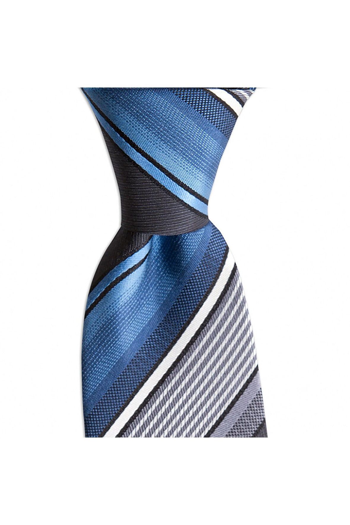 Mavi çizgili 7,5 cm genişliğinde ipek kravat