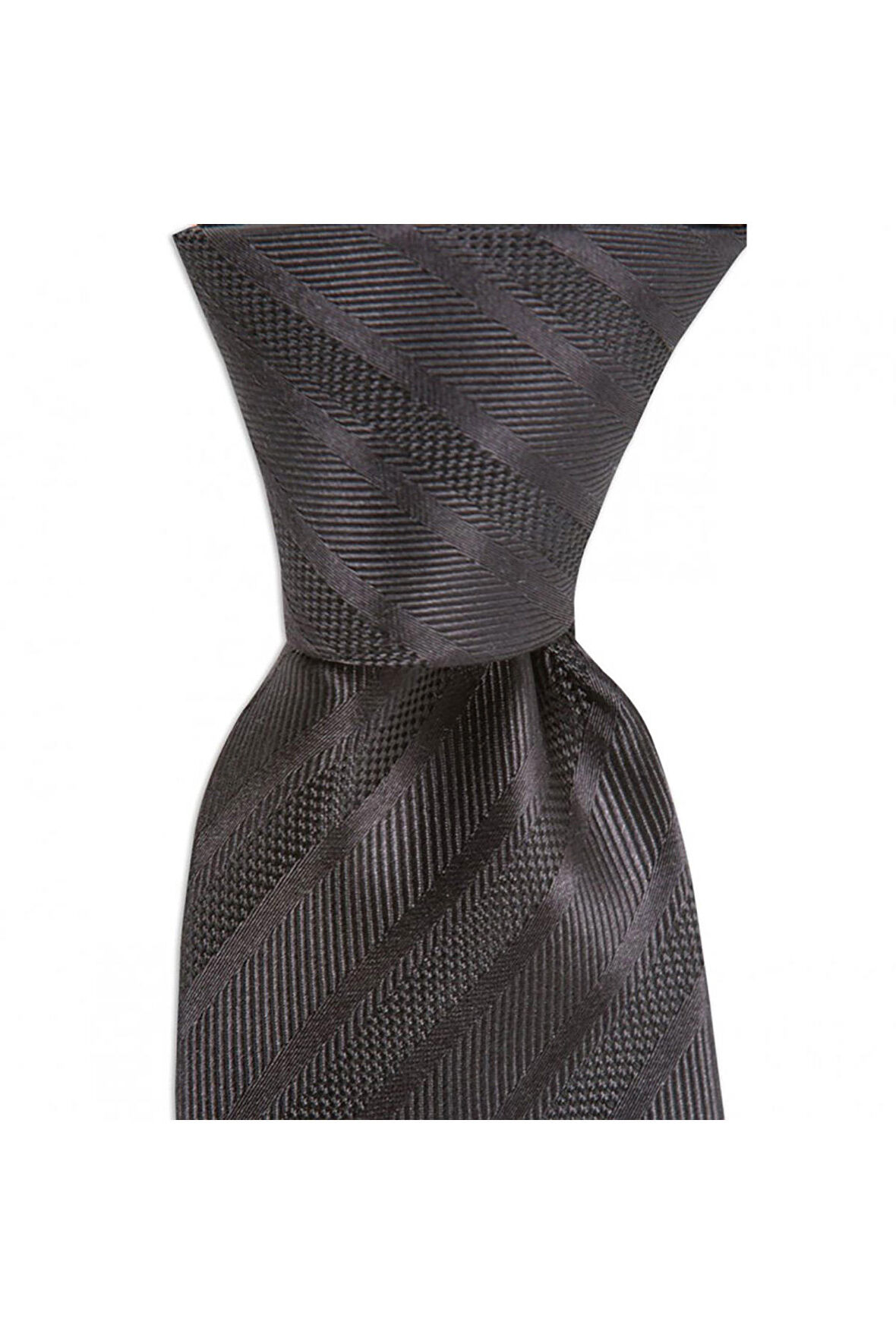 Koyu gri çizgili 7,5 cm genişliğinde ipek kravat