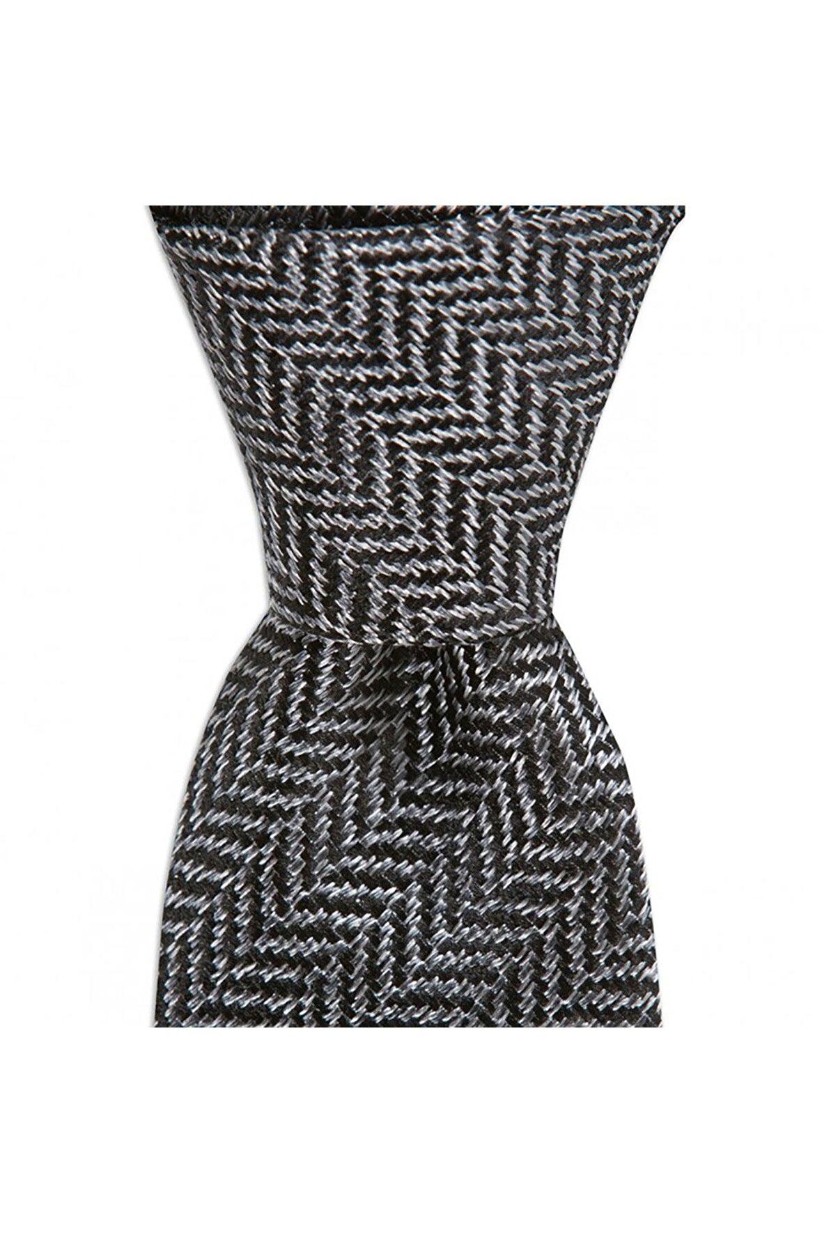 Gri balıksırtı desenli 8 cm genişliğinde yün ipek karışımlı kravat