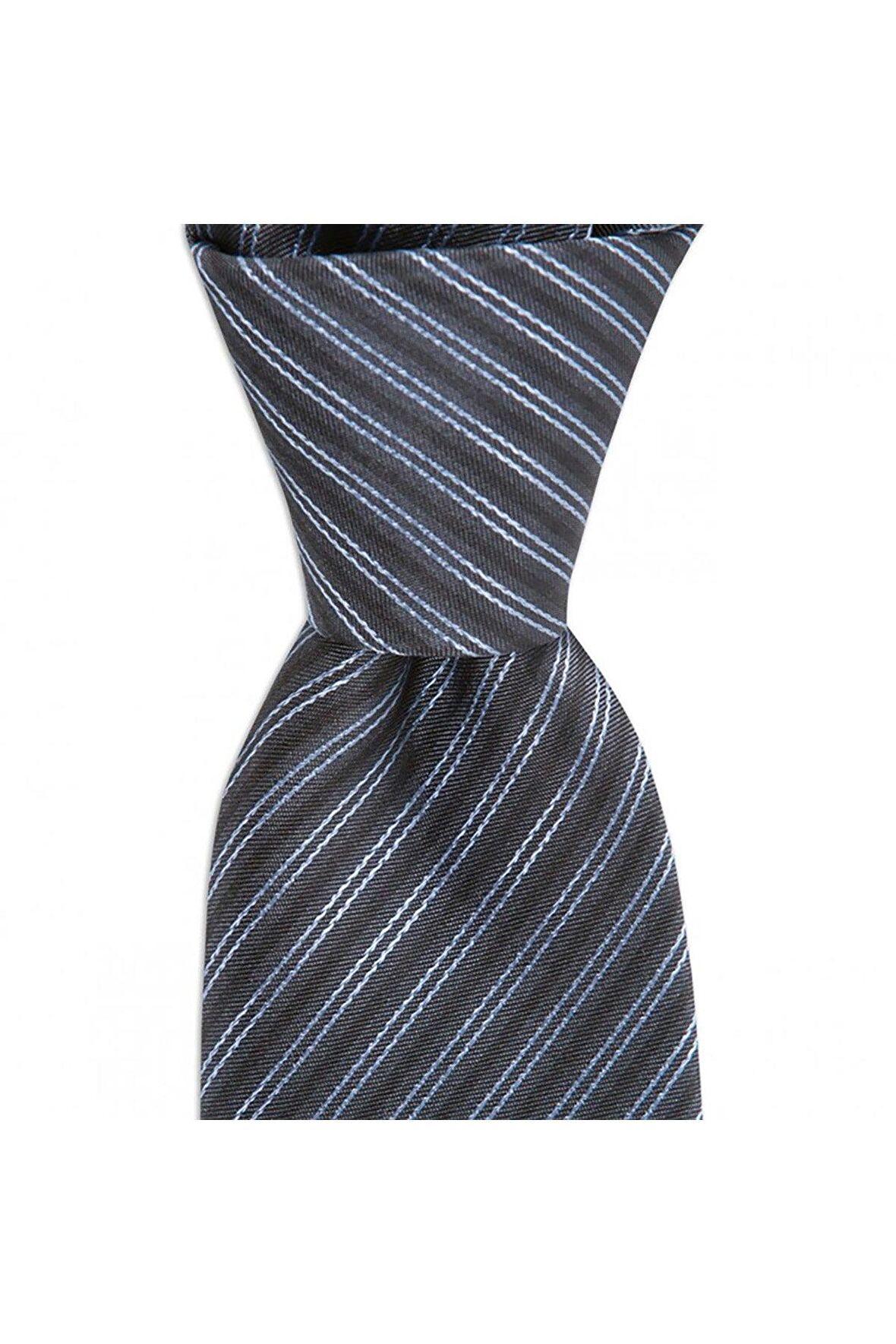 Koyu gri çizgili 7,5 cm genişliğinde ipek kravat