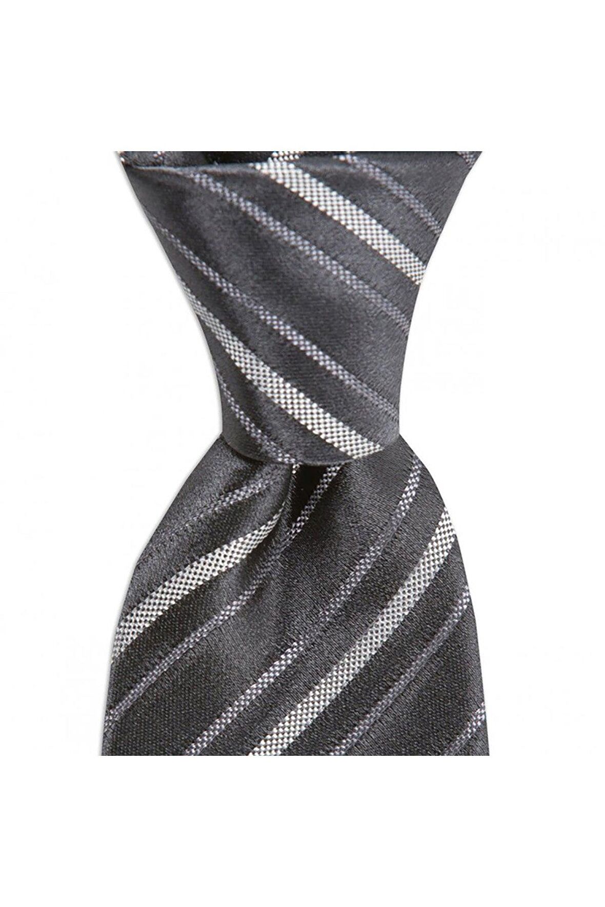 Gri çizgili 8 cm genişliğinde ipek kravat