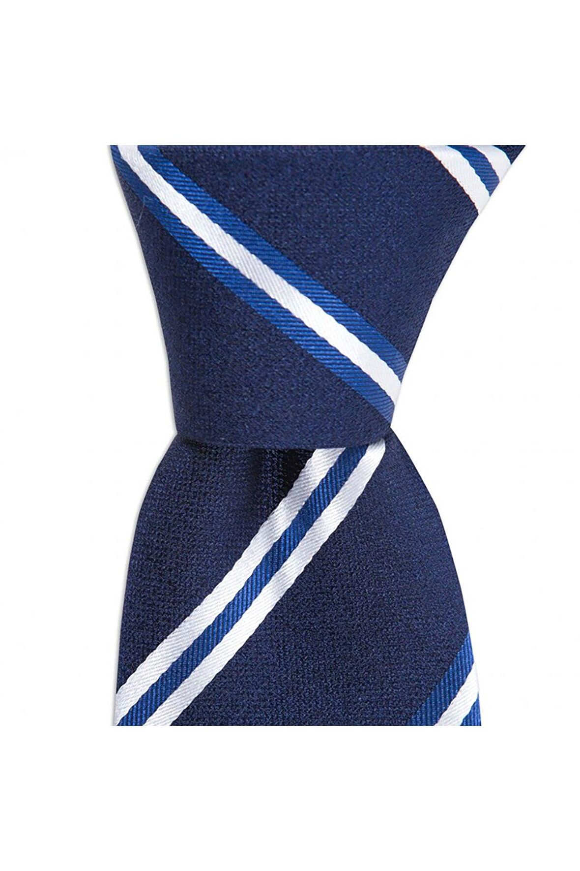 Lacivert çizgili 7,5 cm genişliğinde ipek kravat