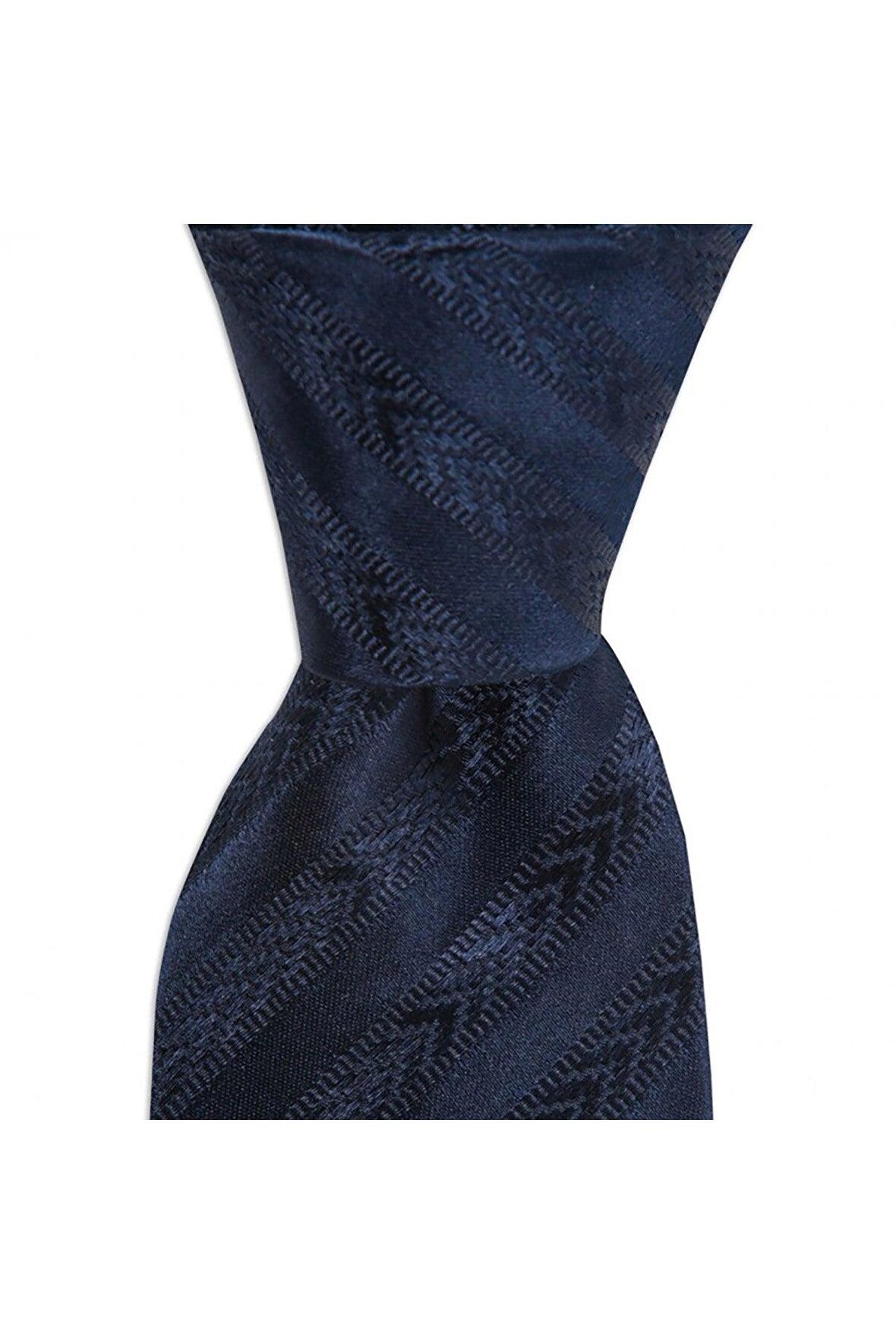 Lacivert çizgili 8 cm genişliğinde ipek kravat