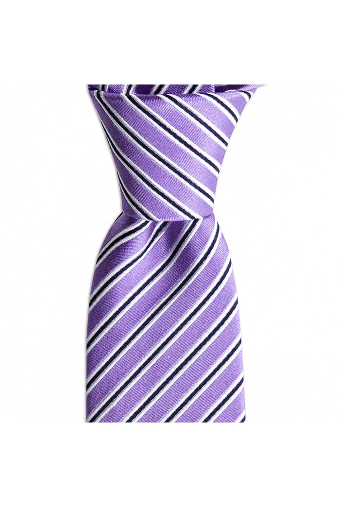 Lila çizgili 7,5 cm genişliğinde ipek kravat