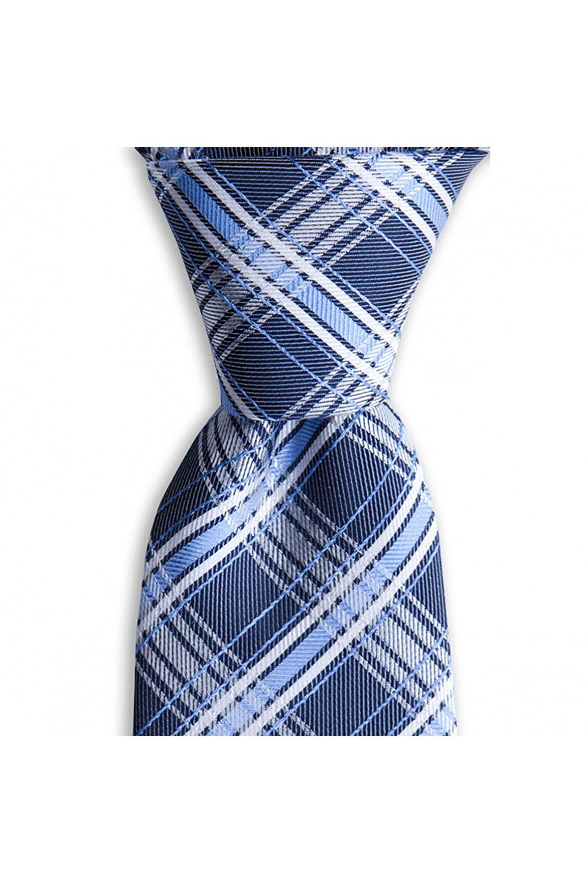 Koyu mavi ekose desenli 7 cm genişliğinde ipek kravat