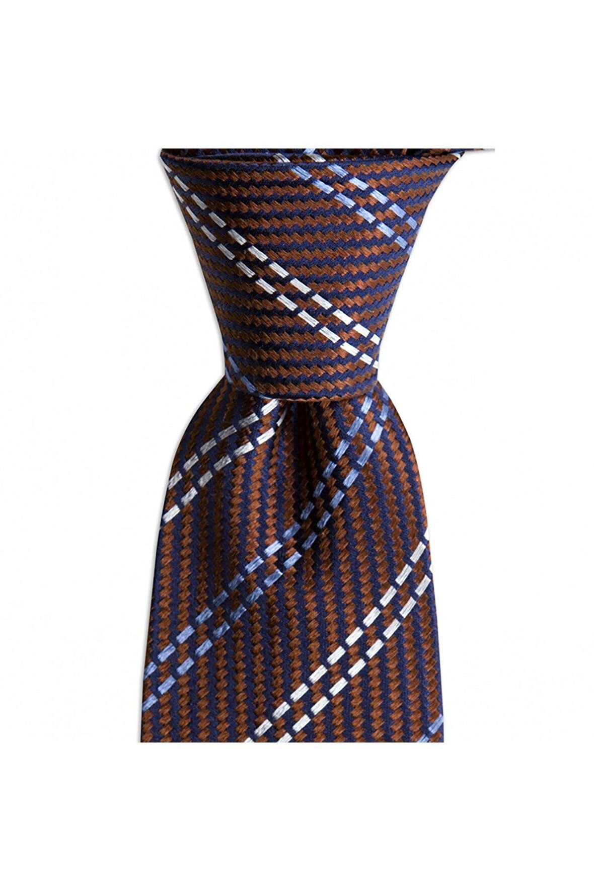 Kahverengi çizgili 7,5 cm genişliğinde ipek kravat