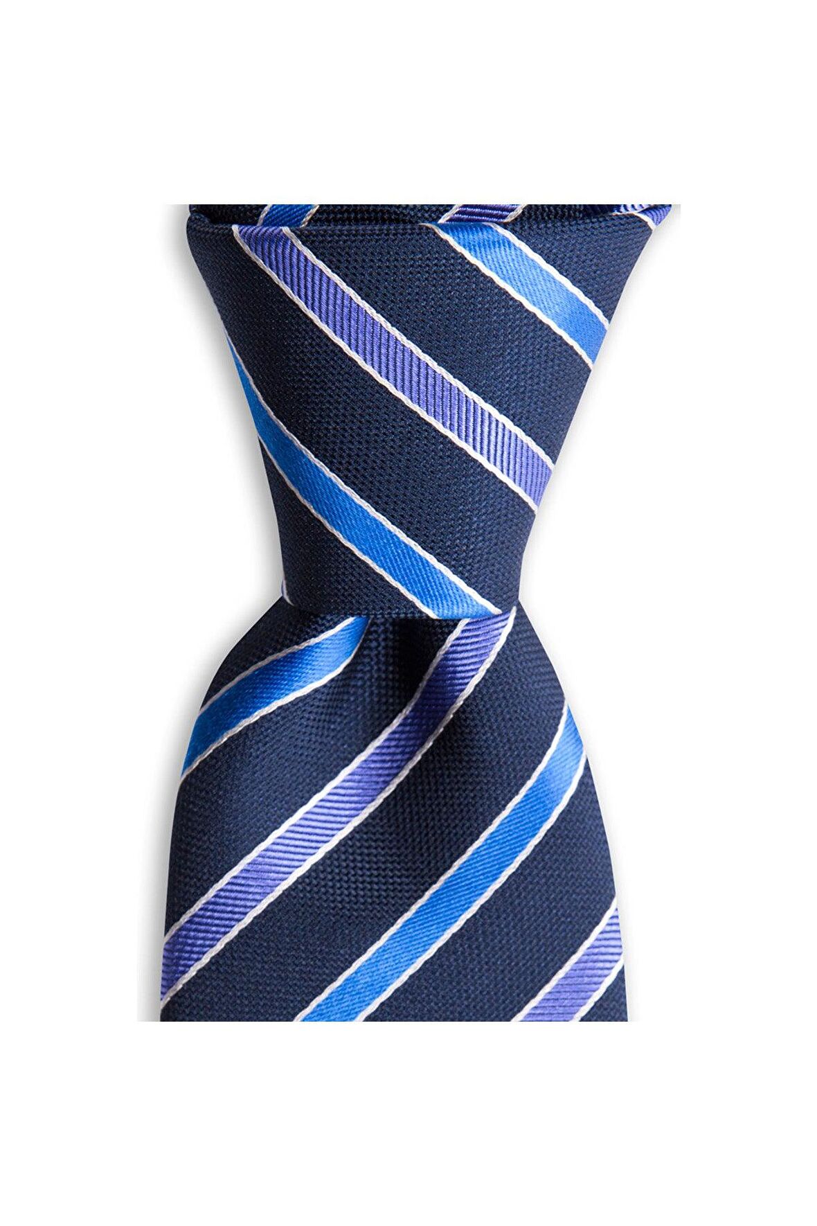 Lacivert çizgili 7,5 cm genişliğinde ipek kravat