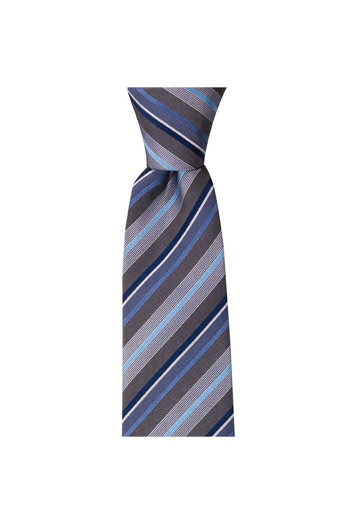 Açık gri çizgili 7,5 cm genişliğinde ipek kravat