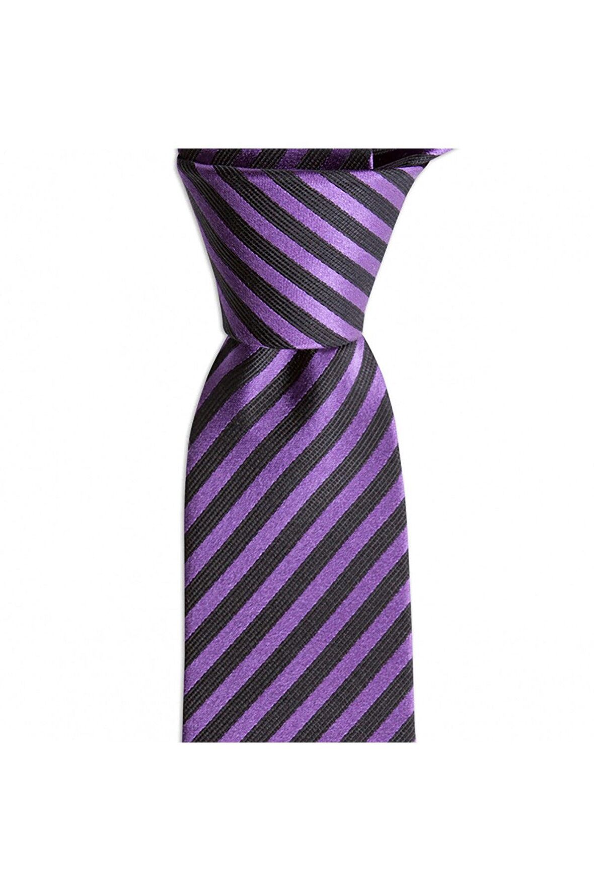 Mor çizgili 7,5 cm genişliğinde ipek kravat