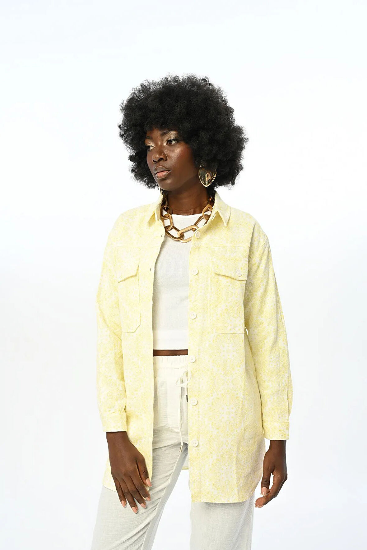 Desenli Çift Cepli Sarı Gabardin Gömlek Ceket