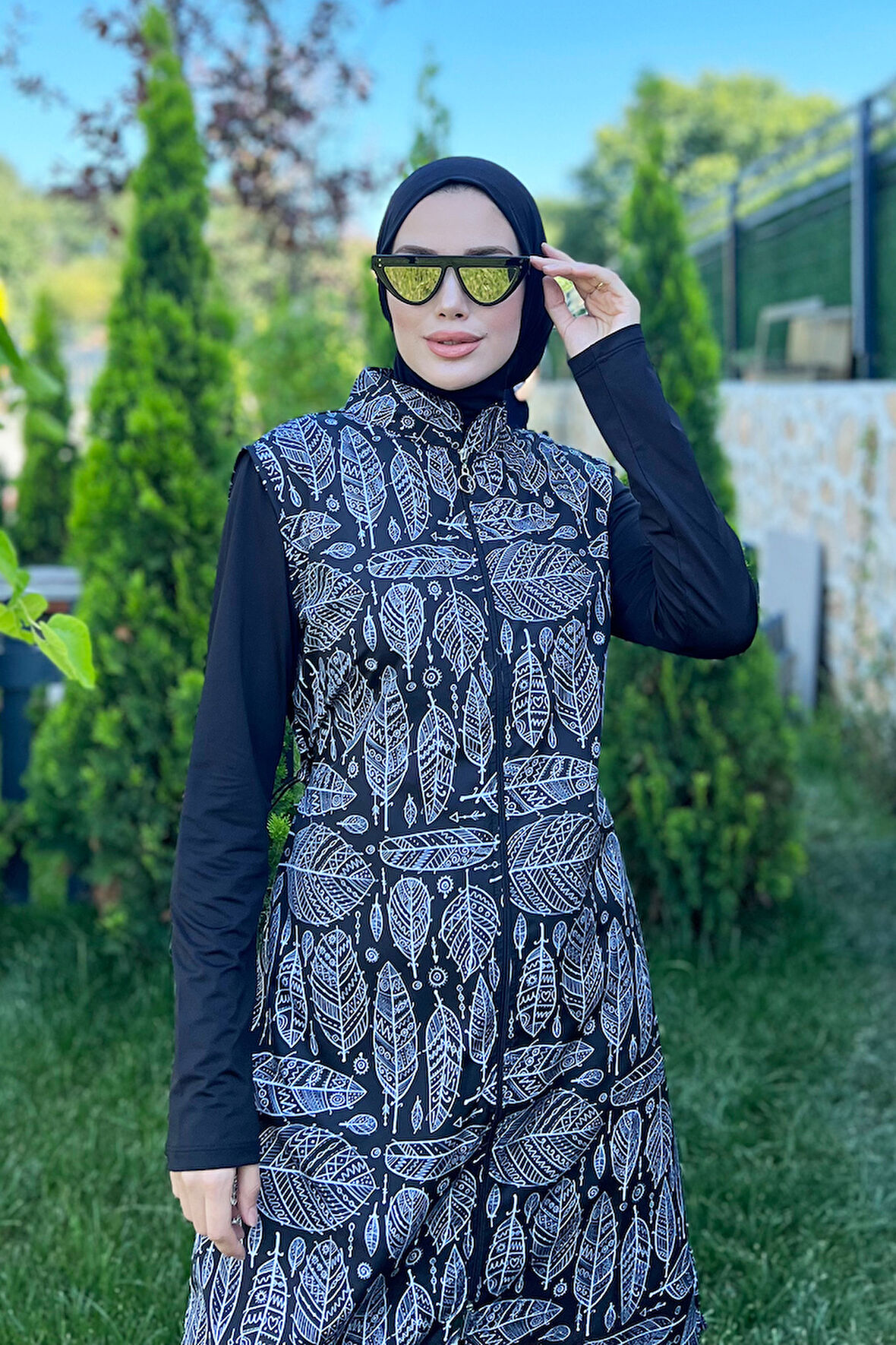 Tam Kapalı Tesettür Mayo Siyah Beyaz Yaprak MERVE | 5XL