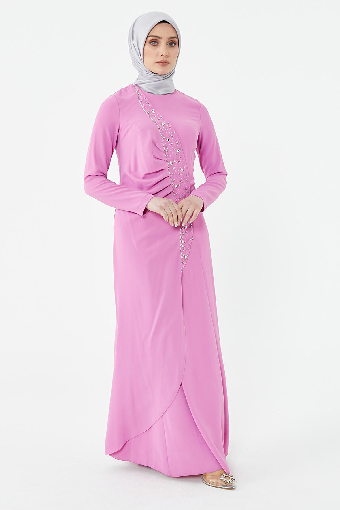 SETRMS PEMBE Taşlı Drape Detaylı Abiye Elbise 24251292325129