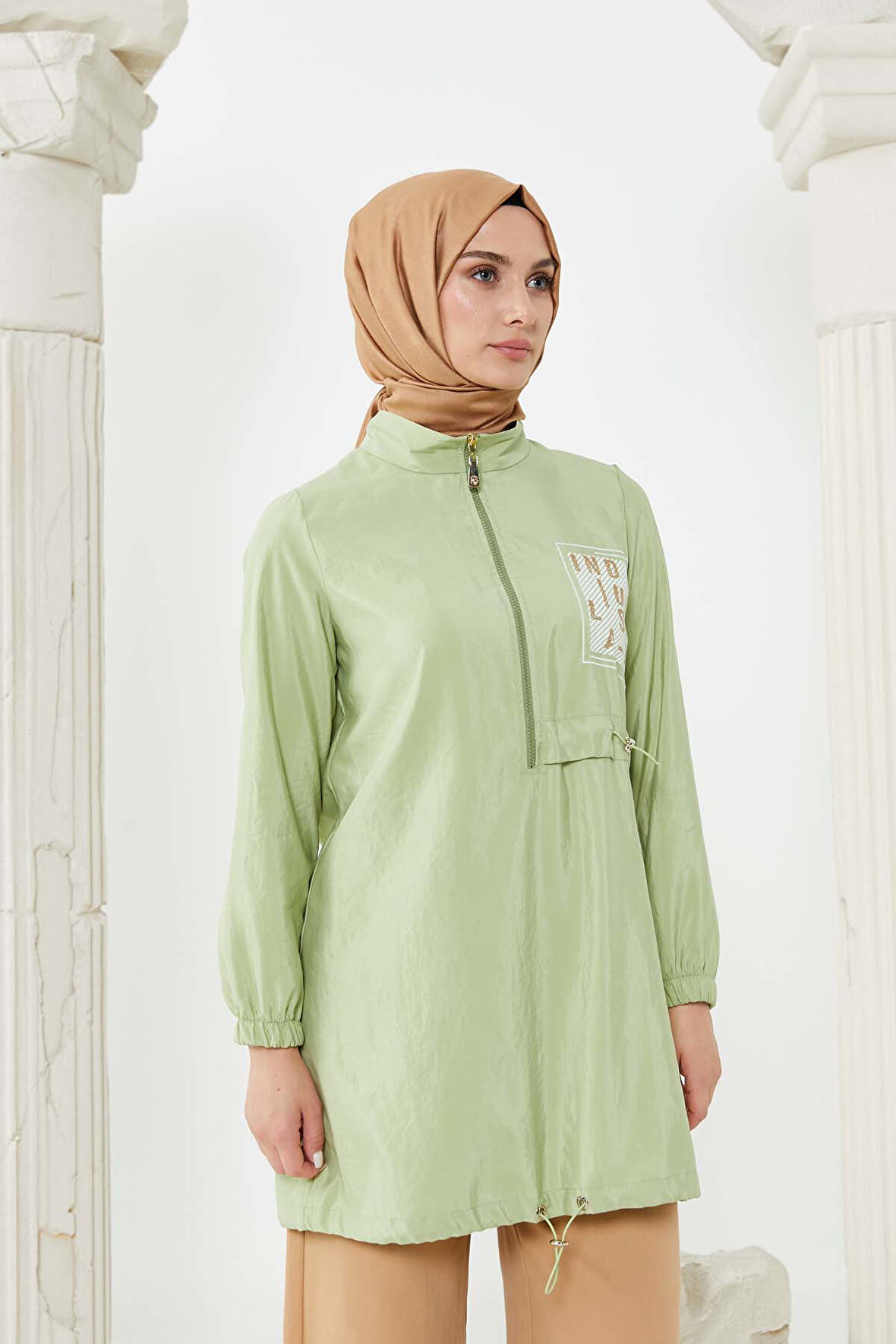 SETRMS OLIVE Fermuarlı Ve Baskılı Spor Tunik 2424007