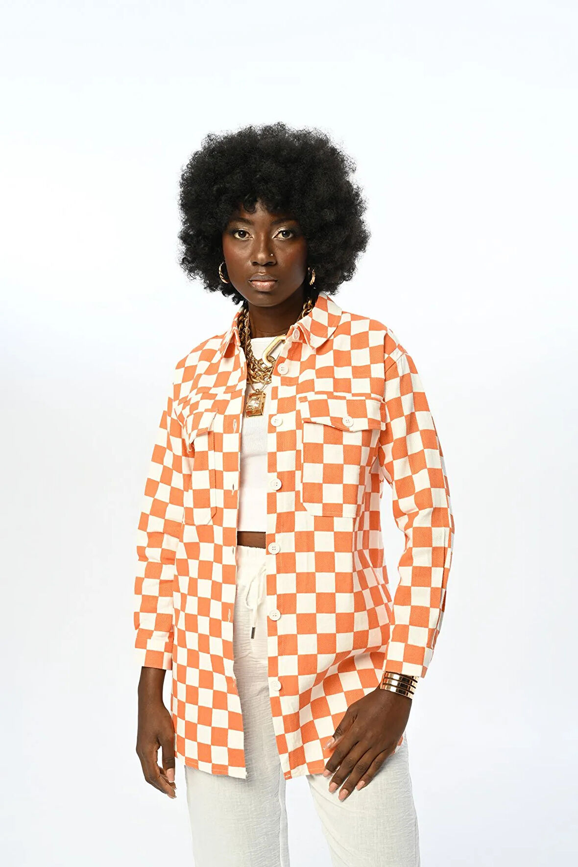 Dama Desenli Turuncu Pamuk Gabardin Gömlek Ceket