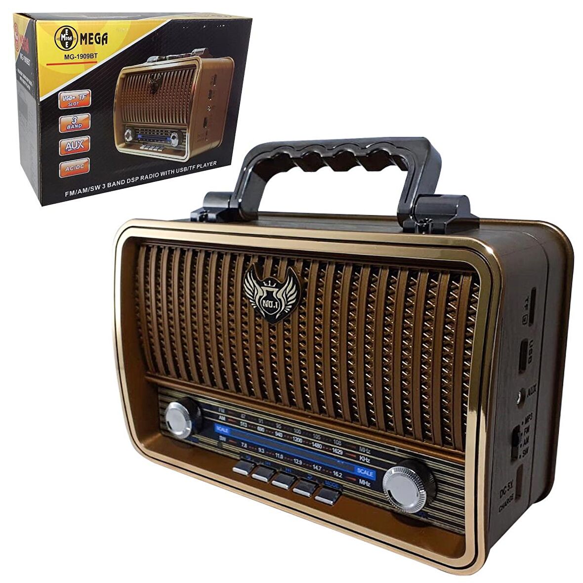 MEGA MG-1909BT RADYO NOSTALJİ ŞARJLI PİLLİ BT/USB/SD/AUX/FM