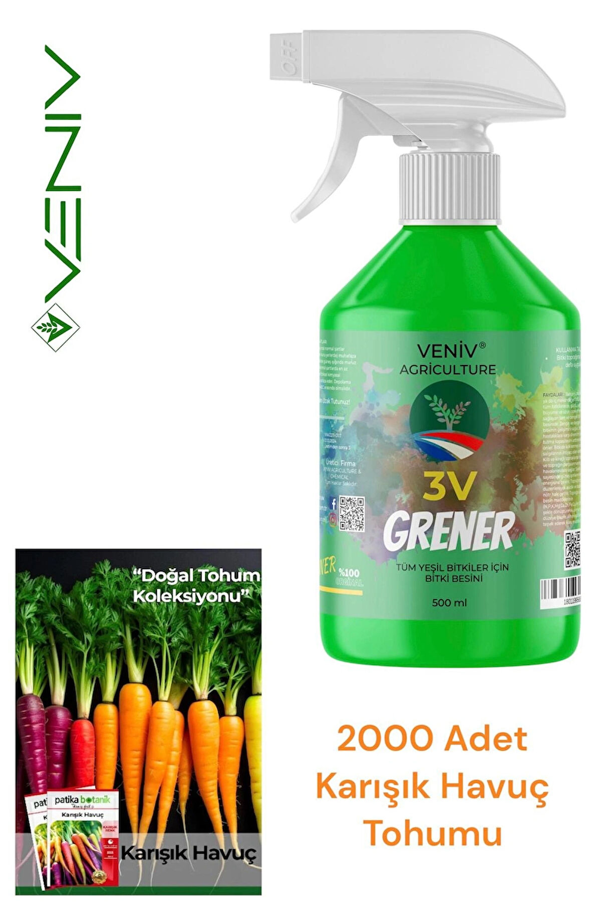 VENİV AGRİCULTURE 3V Grener 500 ml + 2000 Karışık Havuç Tohumu | Renkli ve Sağlıklı Bahçeler