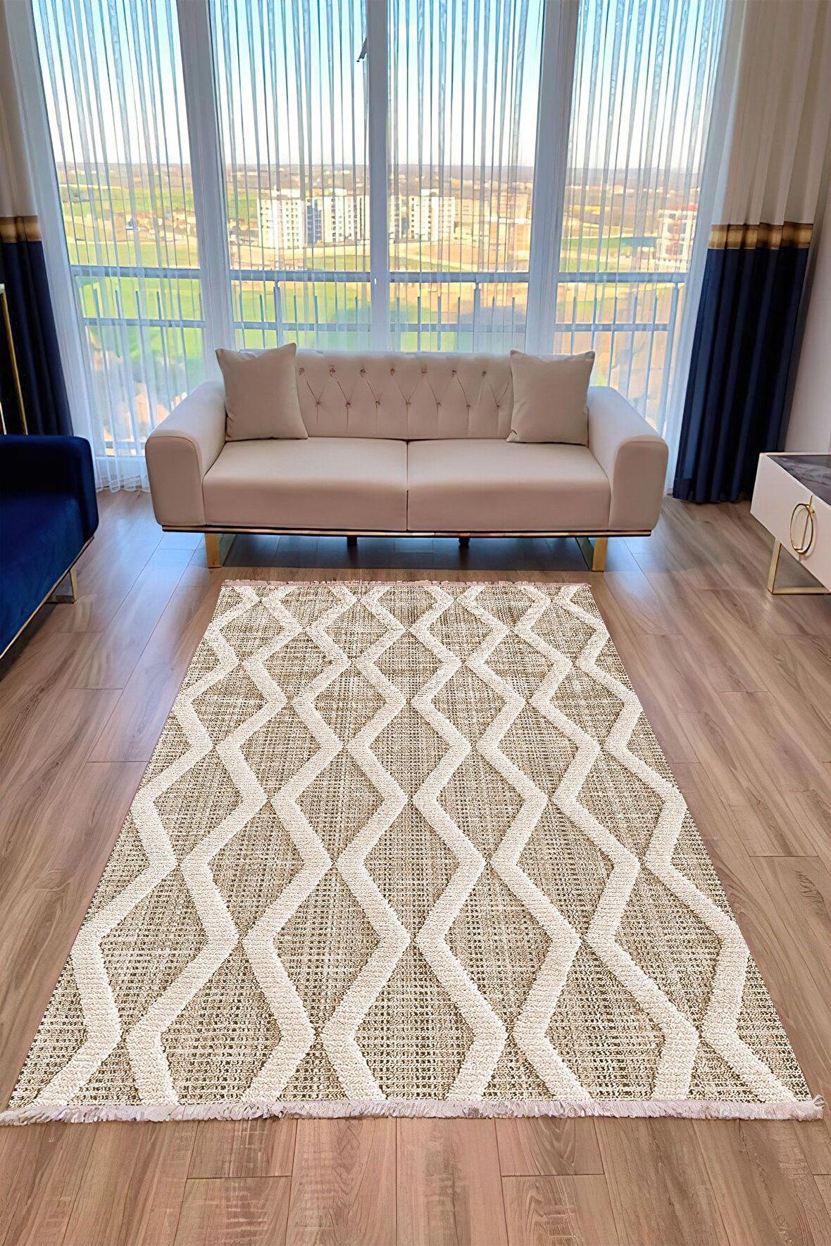 Krem Pvc Deri Kaymaz Taban Simetrik Salon Saçaksız Halı A249