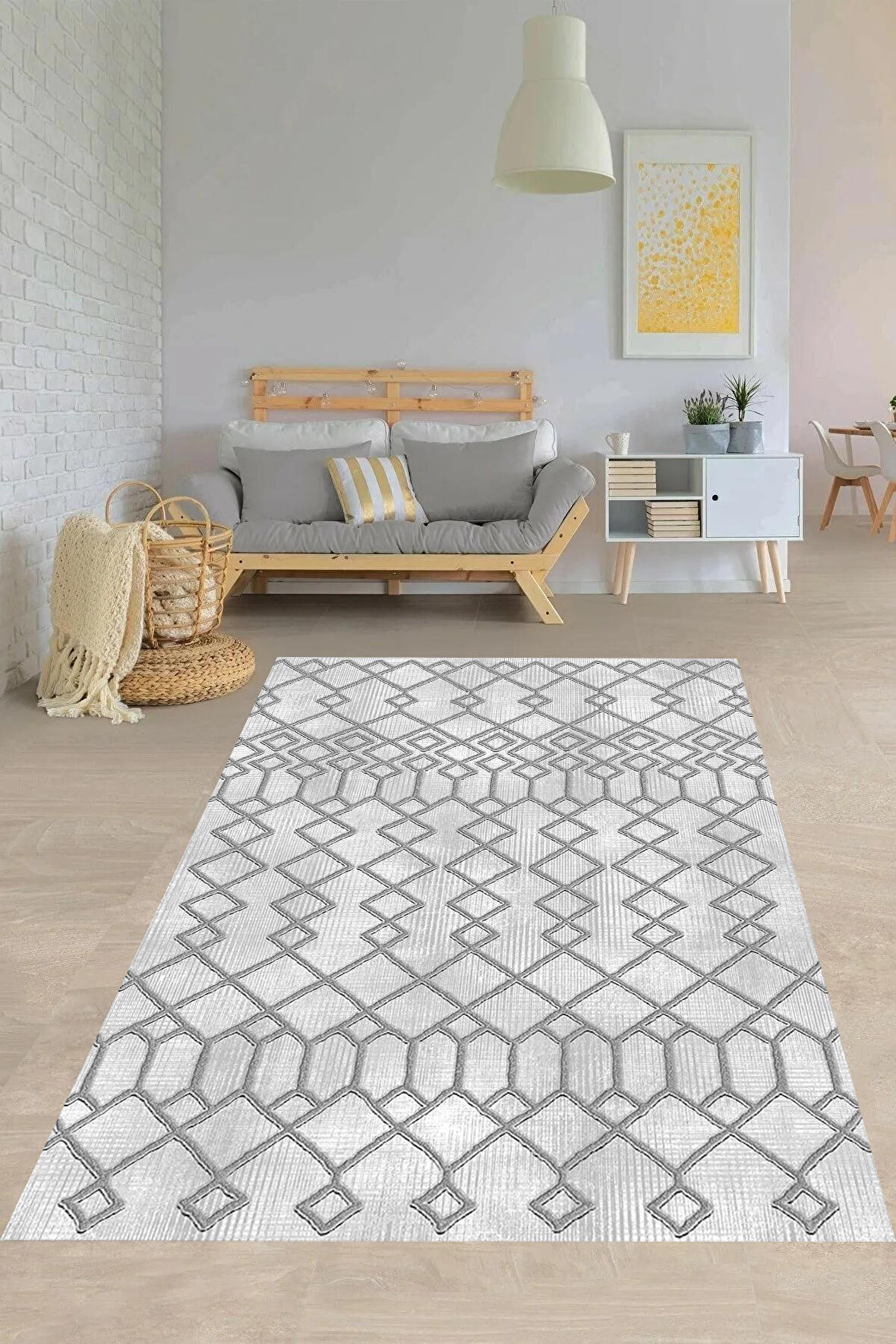 Gri Pvc Deri Kaymaz Taban İskandinav Salon Saçaksız Halı A254