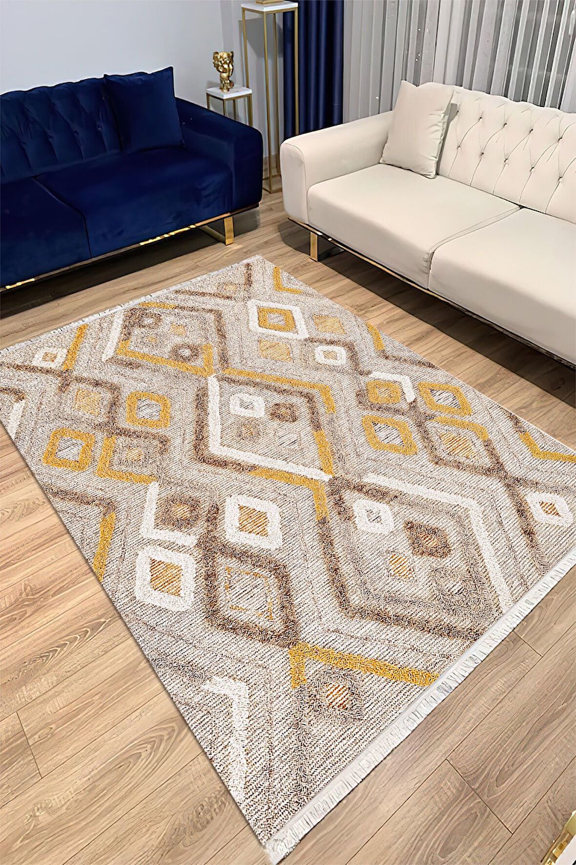 Hardal Dot Keçe Kaymaz Taban Etnik Salon Saçaksız Halı A277