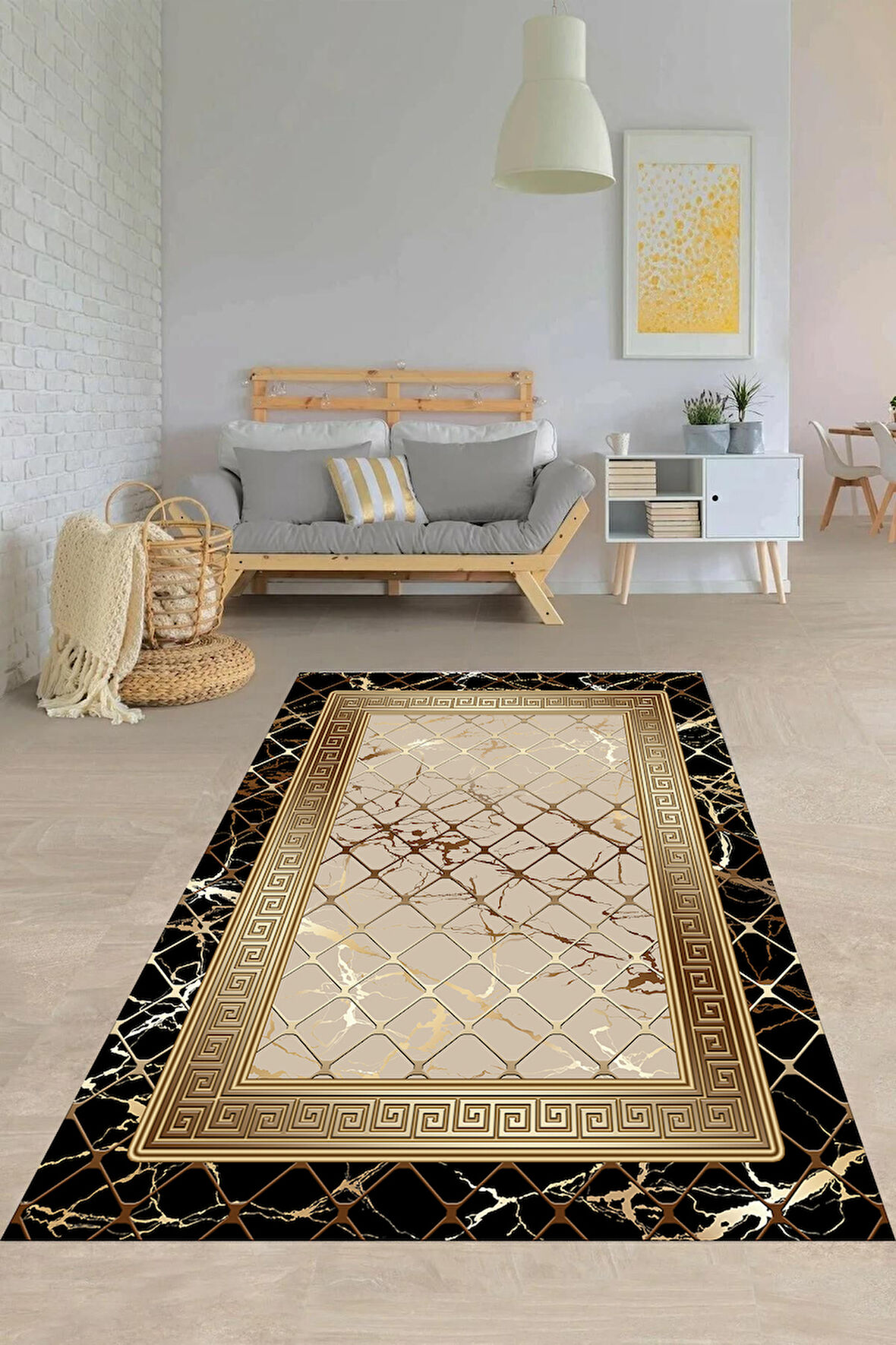 Siyah-Vizon Deko Deri Kaymaz Taban Versace Salon Saçaksız Halı B1278