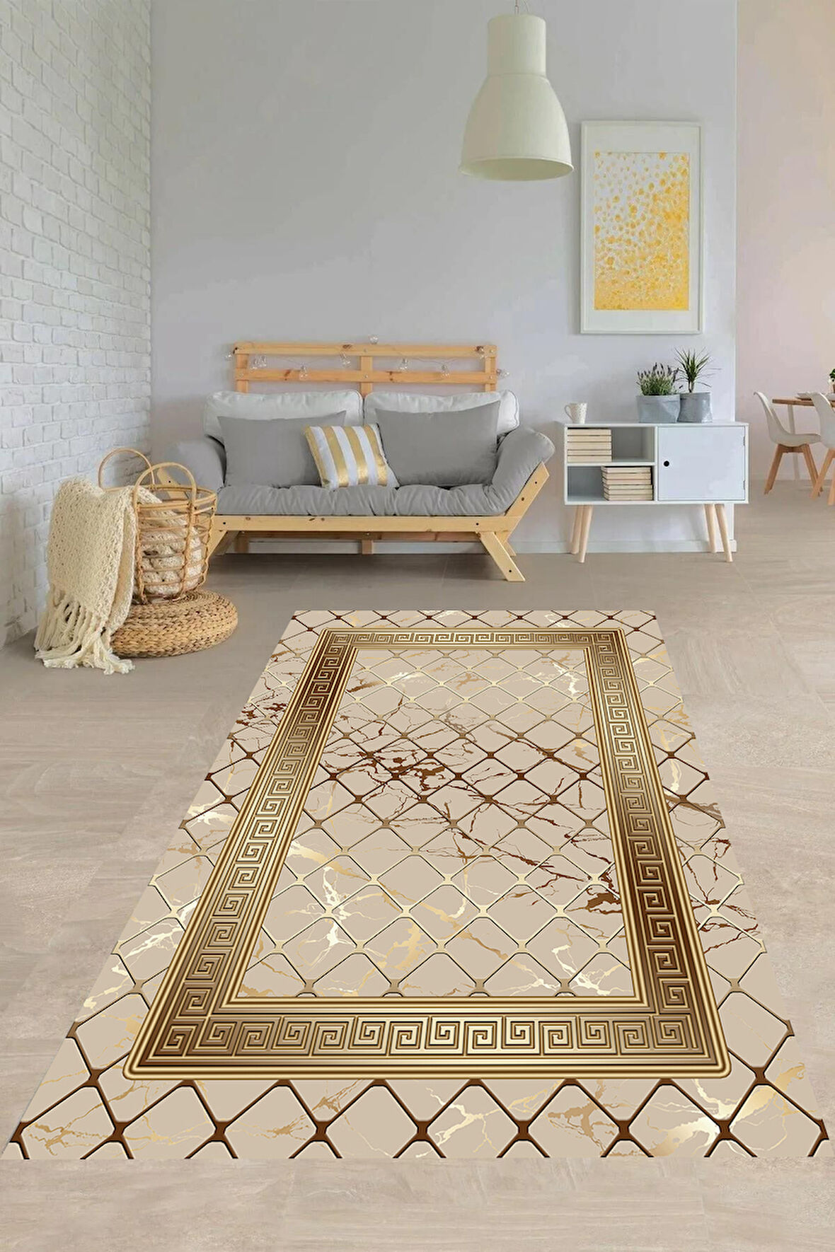 Vizon-Gold Deko Deri Kaymaz Taban Versace Salon Saçaksız Halı B1280