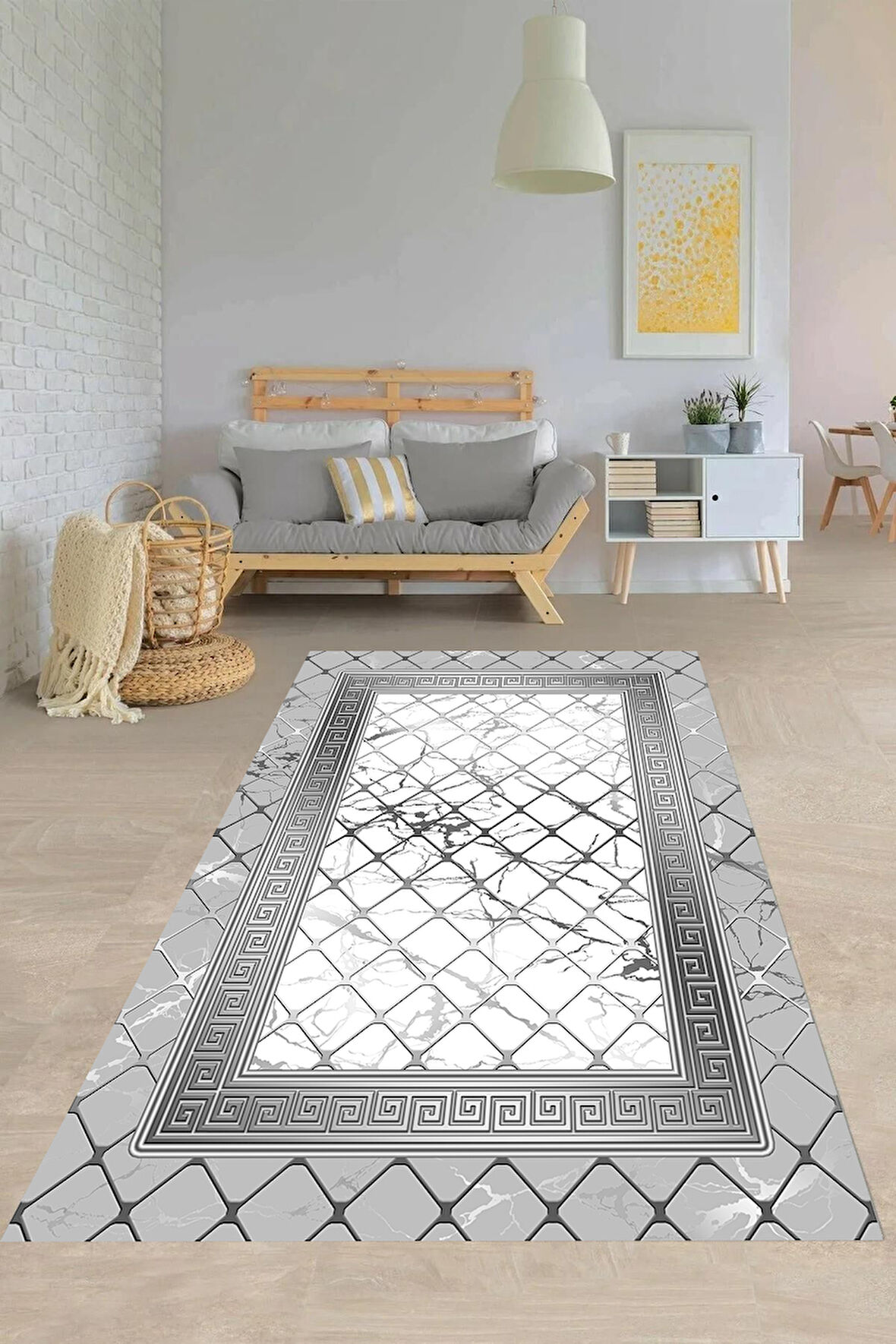 Gri-Beyaz Pvc Deri Kaymaz Taban Versace Salon Saçaksız Halı B1292