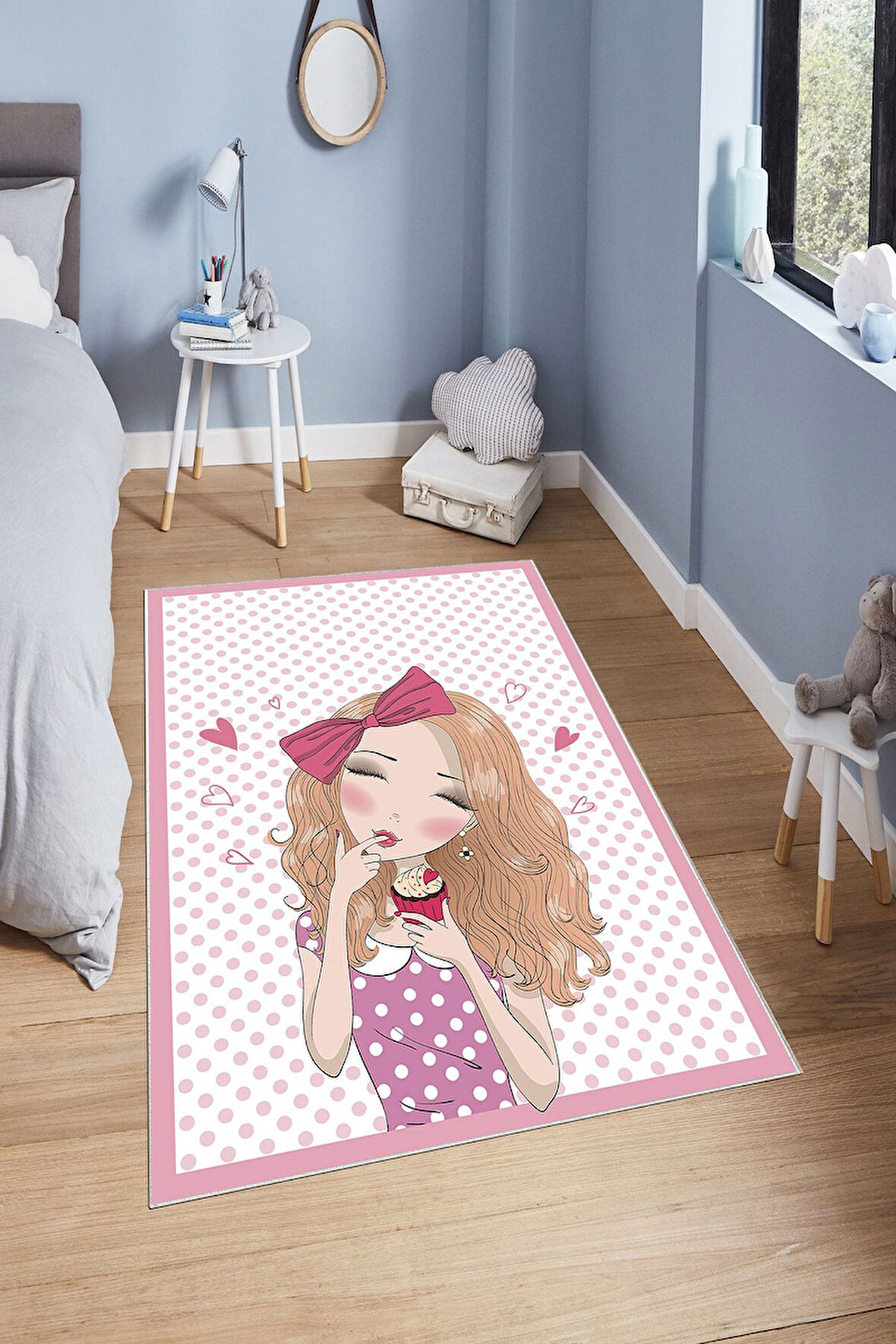 Pembe Pvc Deri Kaymaz Taban Figürlü Kız Çocuk Saçaksız Halı H7097