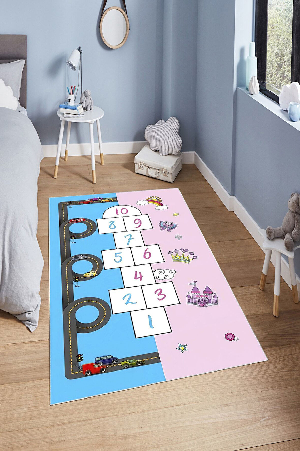 Mavi-Pembe Pvc Taban Kaymaz Taban Seksek Araba Çocuk Saçaksız Halı H7105
