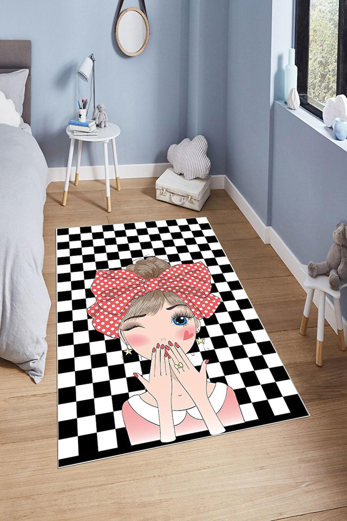 Renkli Pvc Deri Kaymaz Taban Figürlü Kız Çocuk Saçaksız Halı H7127