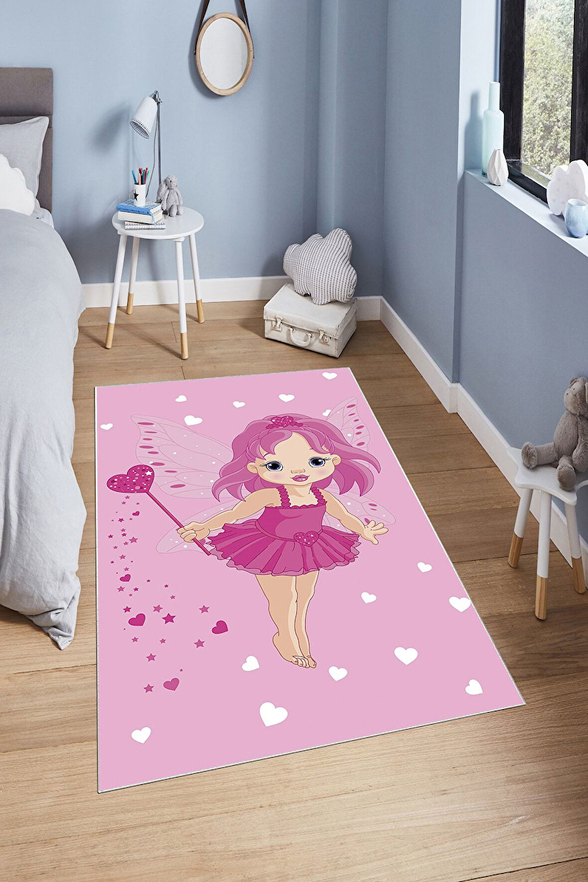 Pembe Pvc Deri Kaymaz Taban Peri Kız Çocuk Saçaksız Halı H7116