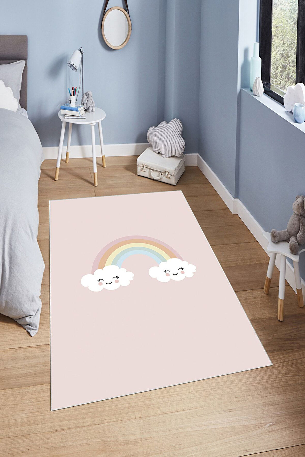 Pembe Pvc Deri Kaymaz Taban Gökkuşagı Çocuk Saçaksız Halı H7117