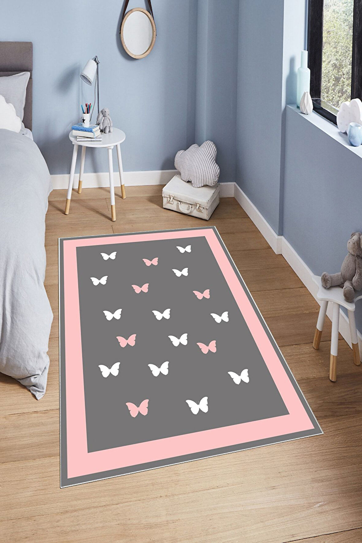 Gri-Pembe Pvc Deri Kaymaz Taban Kelebek Çocuk Saçaksız Halı H7120