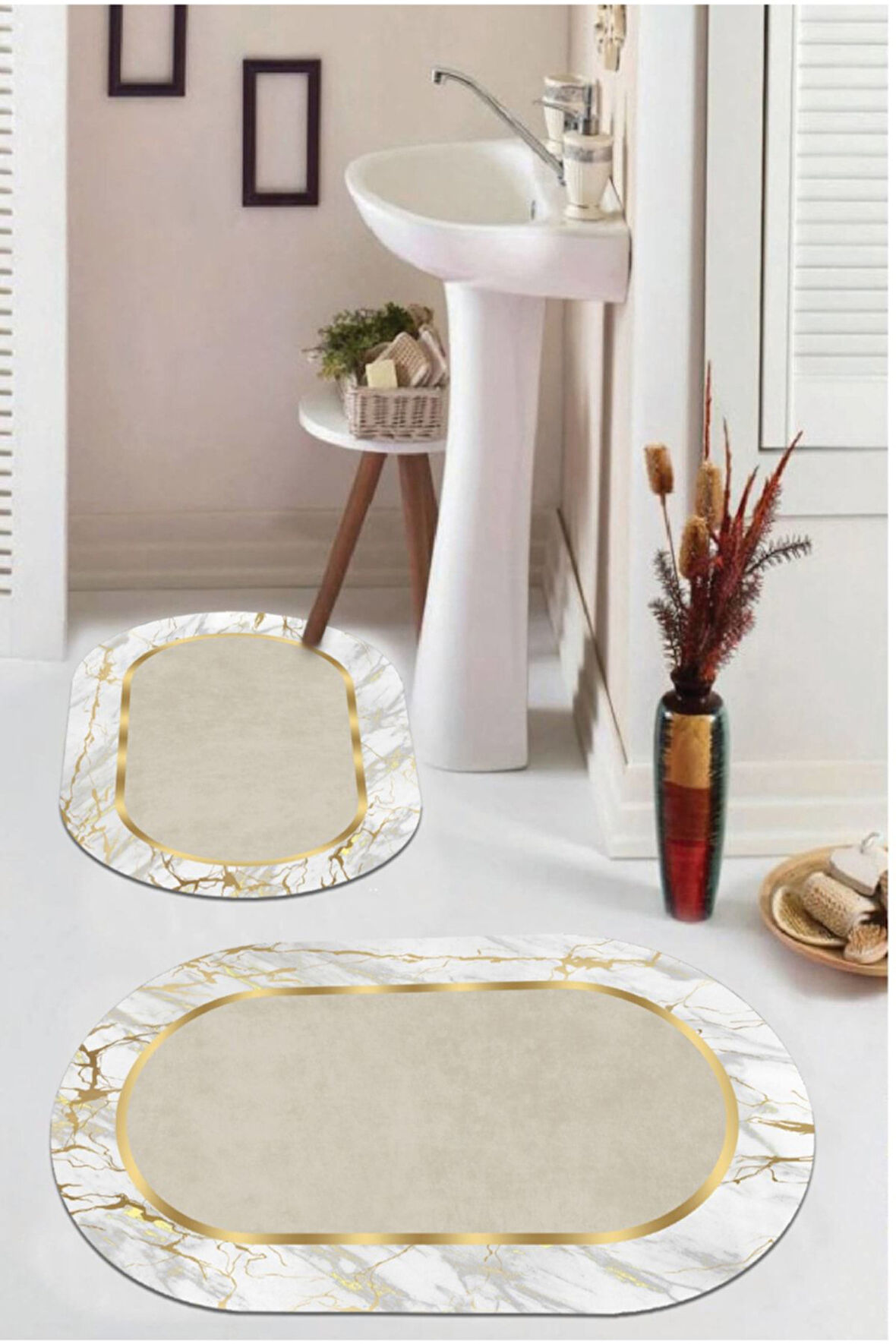 Beyaz-Gold  Kaymaz Taban  Oval Banyo Paspas Takım  BB-105