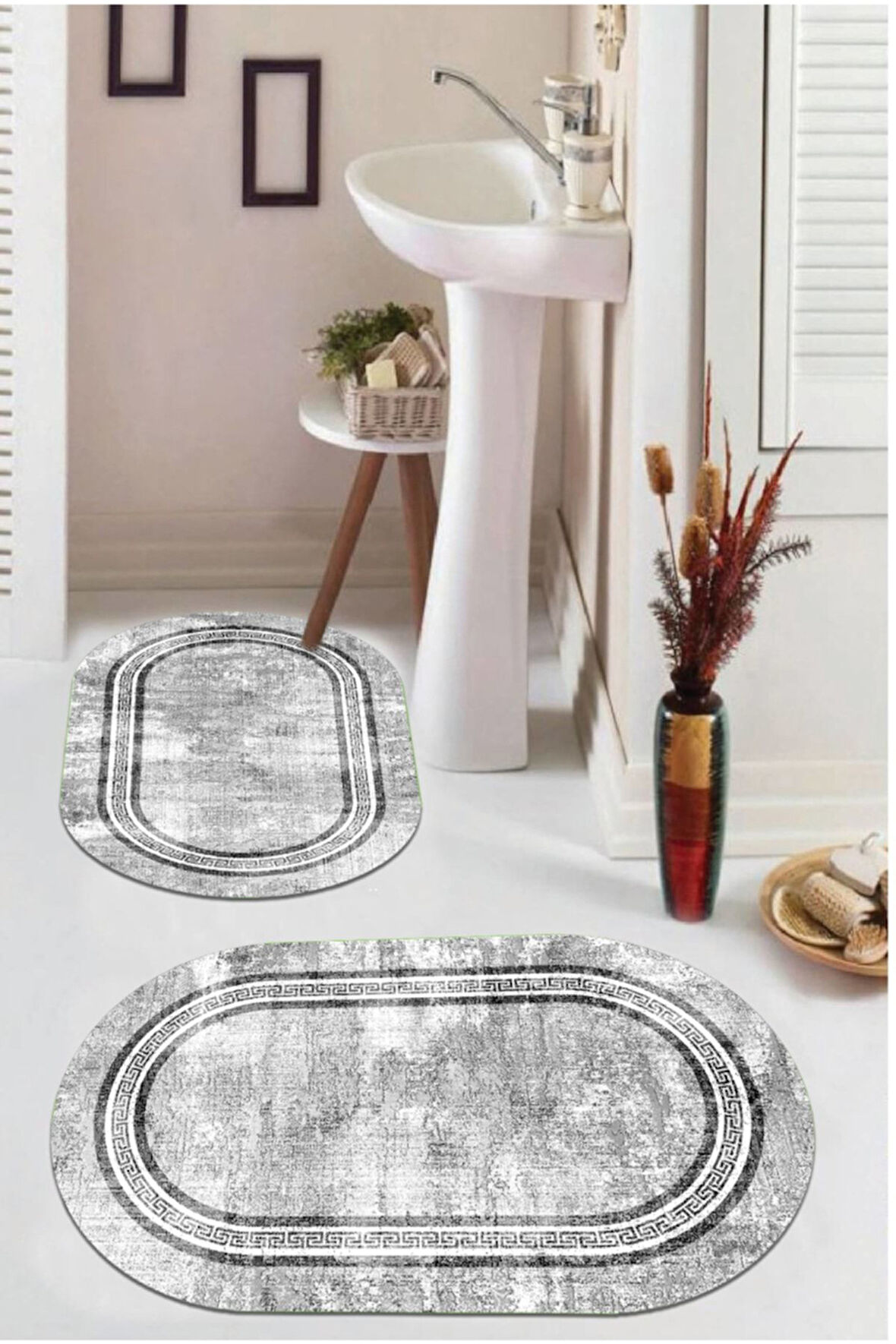 Gri  Kaymaz Taban Versace Oval Banyo Paspas Takım  BB-121