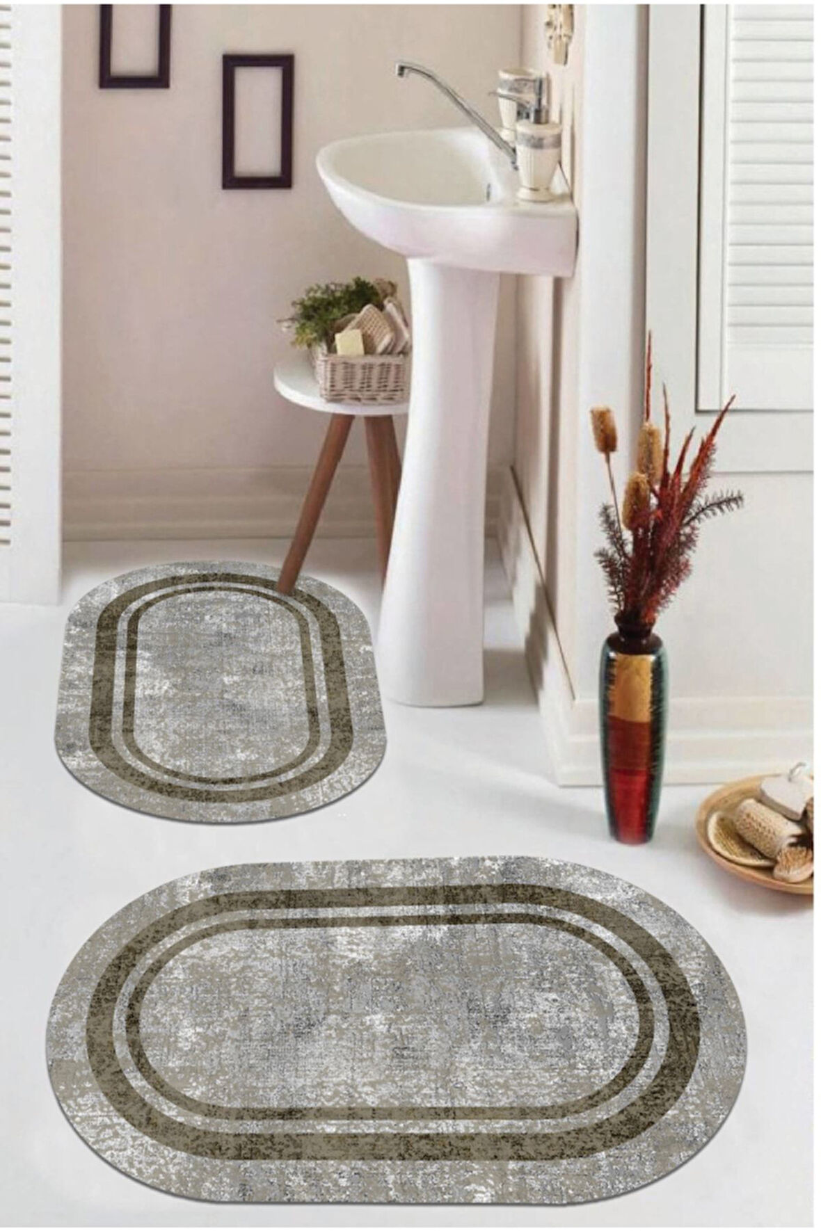 Multi  Kaymaz Taban Retro Oval Banyo Paspas Takım  BB-123