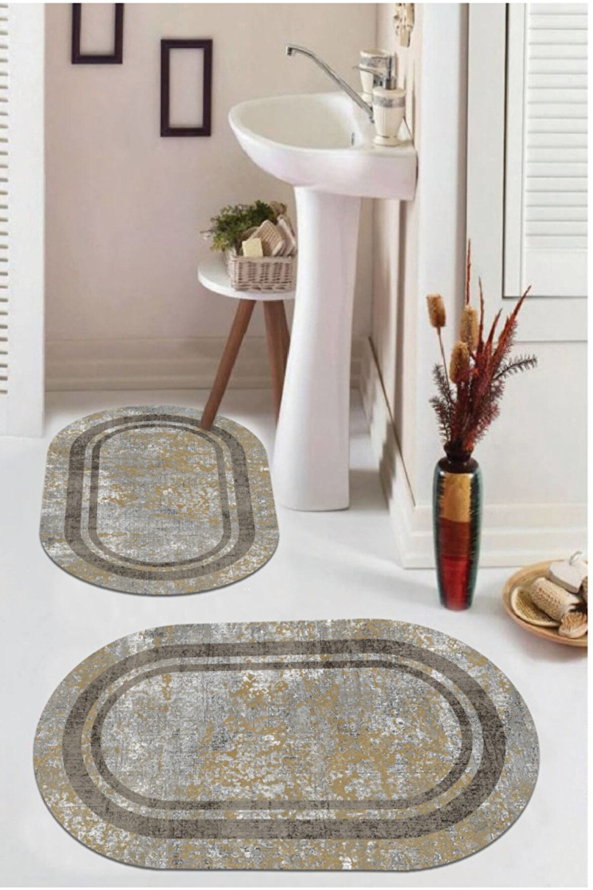 Multi  Kaymaz Taban Retro Oval Banyo Paspas Takım  BB-124