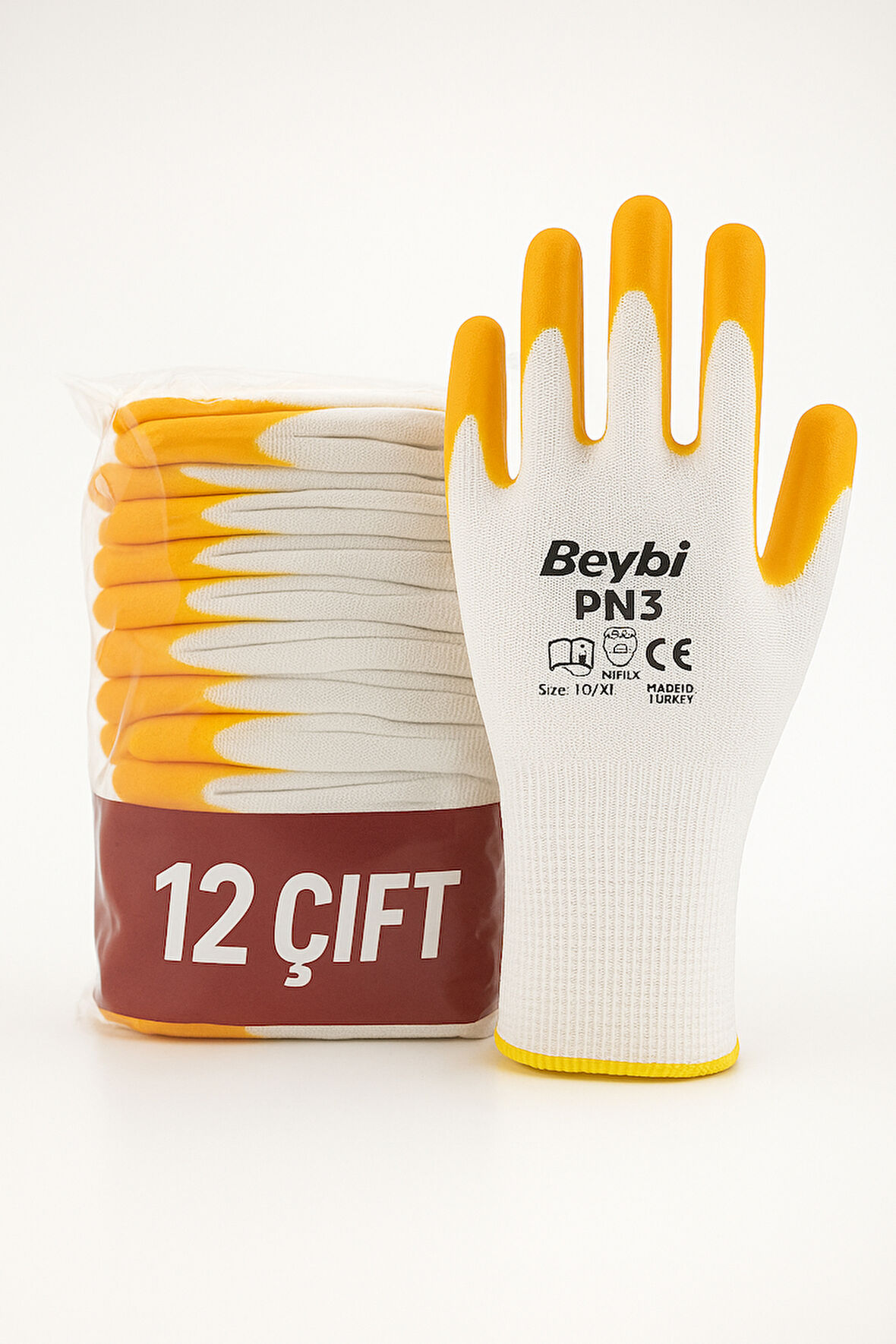 Beybi Pn3 Sarı Polyester Örme Nitril Eldiven – 12’Li Paket