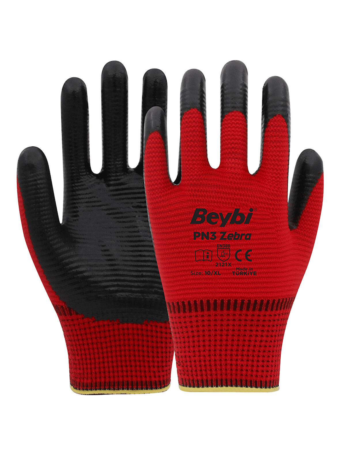 Beybi Pn3 Zebra Kırmızı Nitril Kaplı İş Eldiveni - 12’Li Paket | İnce İşlerde Yüksek Kavrama & Konfo