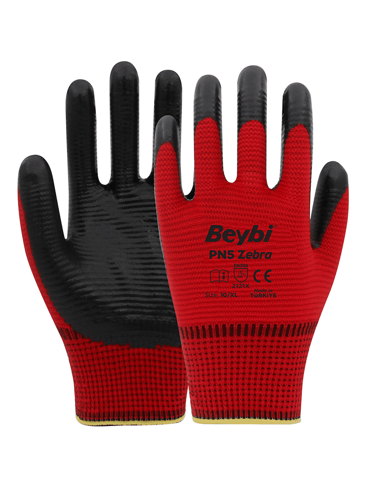 Beybi Pn5 Zebra Kırmızı Nitril Kaplı İş Eldiveni - 12’Li Paket | Yüksek Dayanım & Güvenli Kavrama